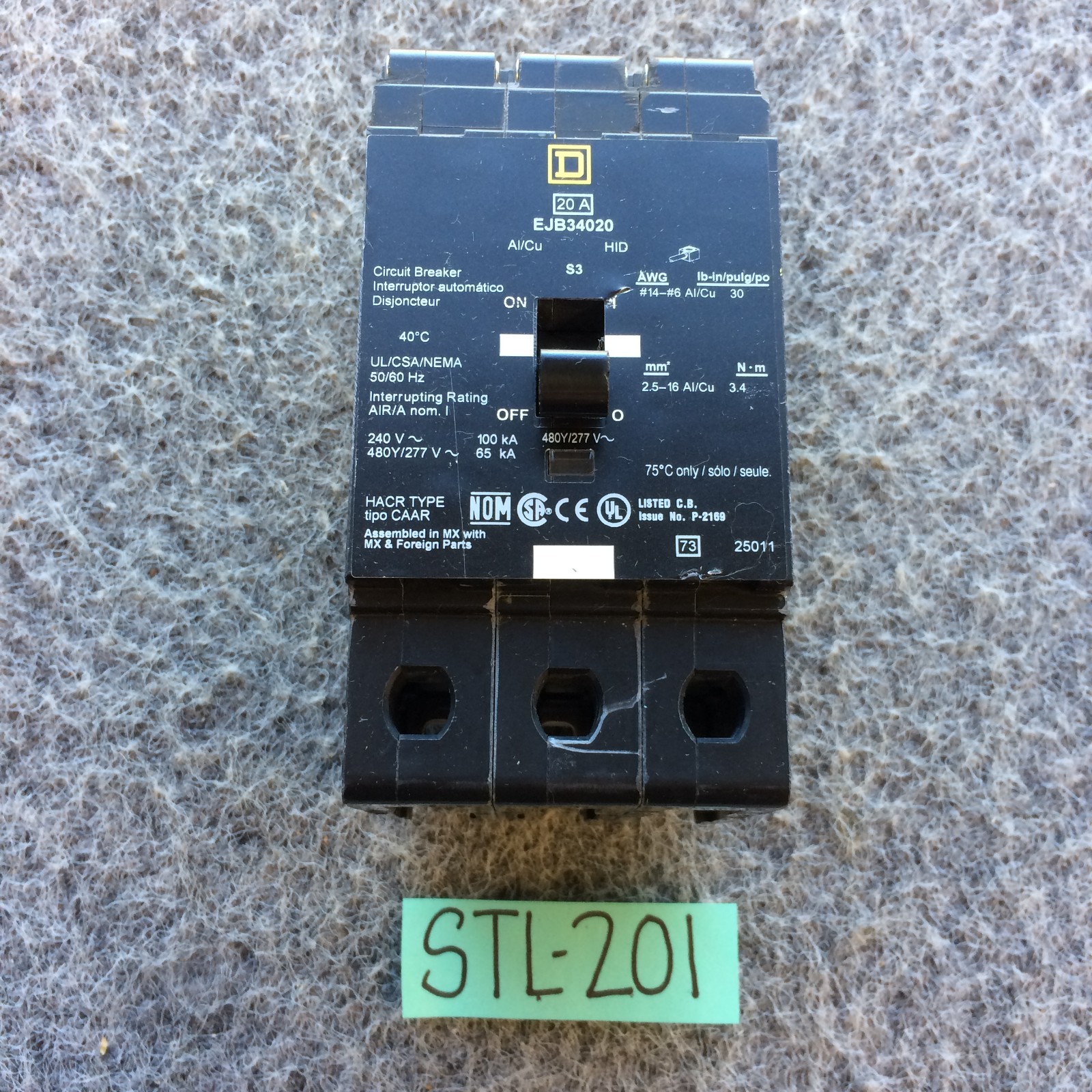 NEW TAKEOUT SQUARE D EJB34020 3-Pole 480 Volt 20 Amp Bolt-On Circuit Breaker