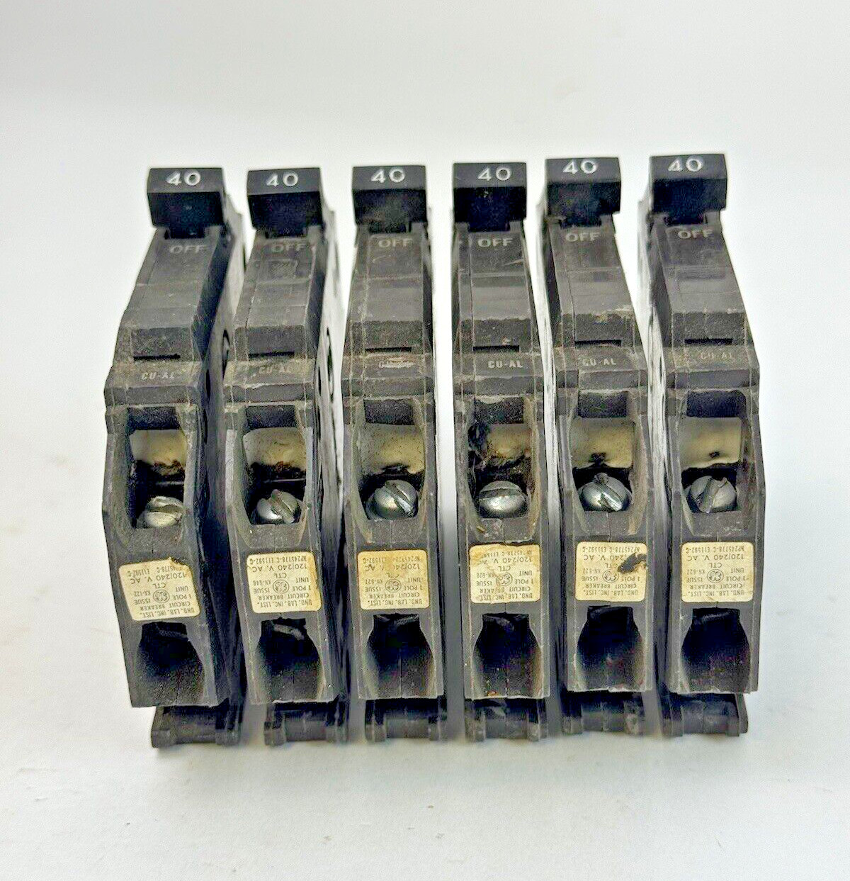 GE **LOT OF 6** THQP140 – CIRCUIT BREAKERS – 1 POLE, 40 A, 240 VAC