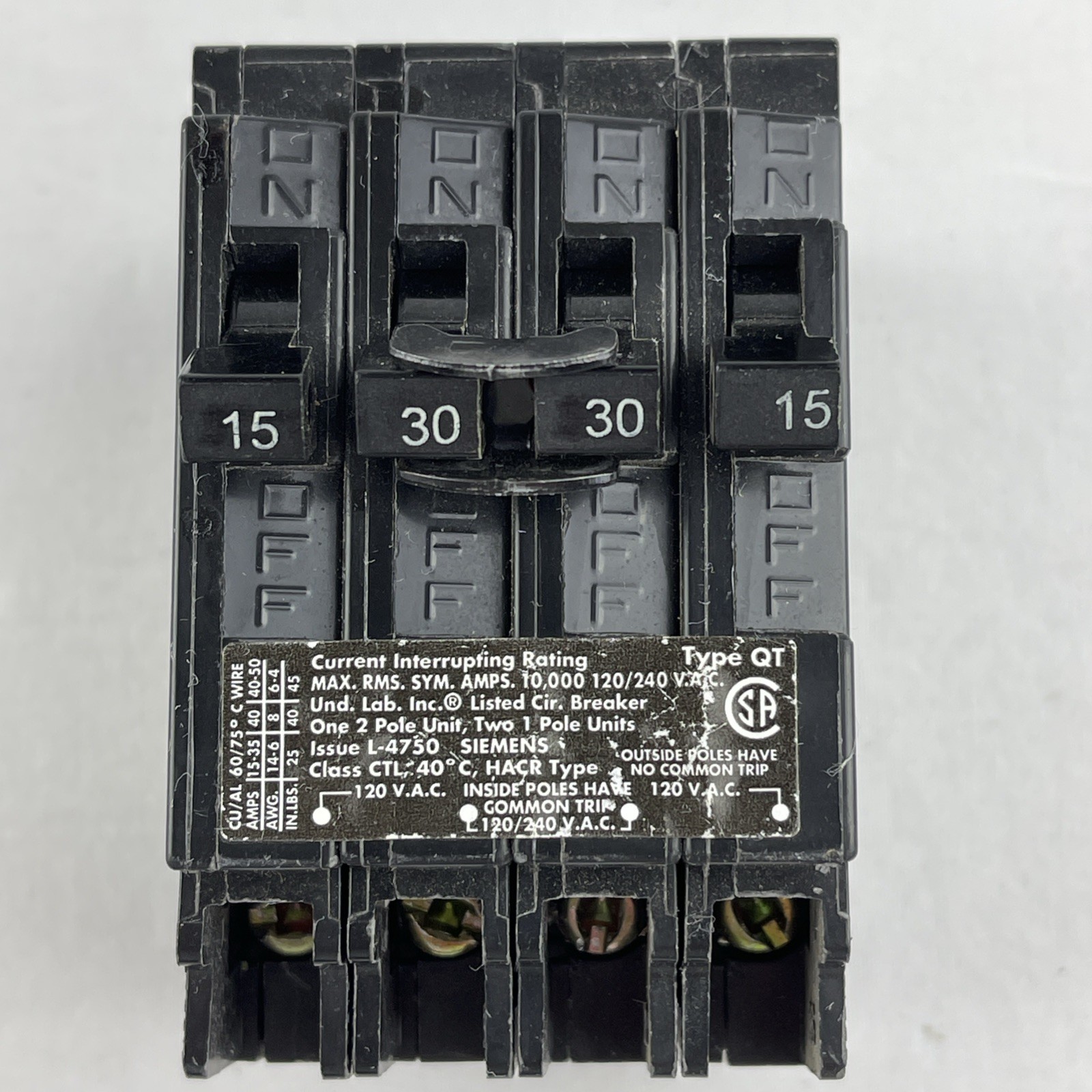 SIEMENS Q21530CT 30 Double Two 15-Amp Single Pole Circuit Breaker *USED*
