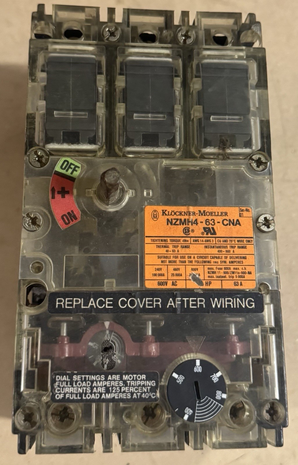 Klöckner-Moeller NZMH4-63-CNA Main Breaker 63A 3-Pole 600V AC Thermal Overload