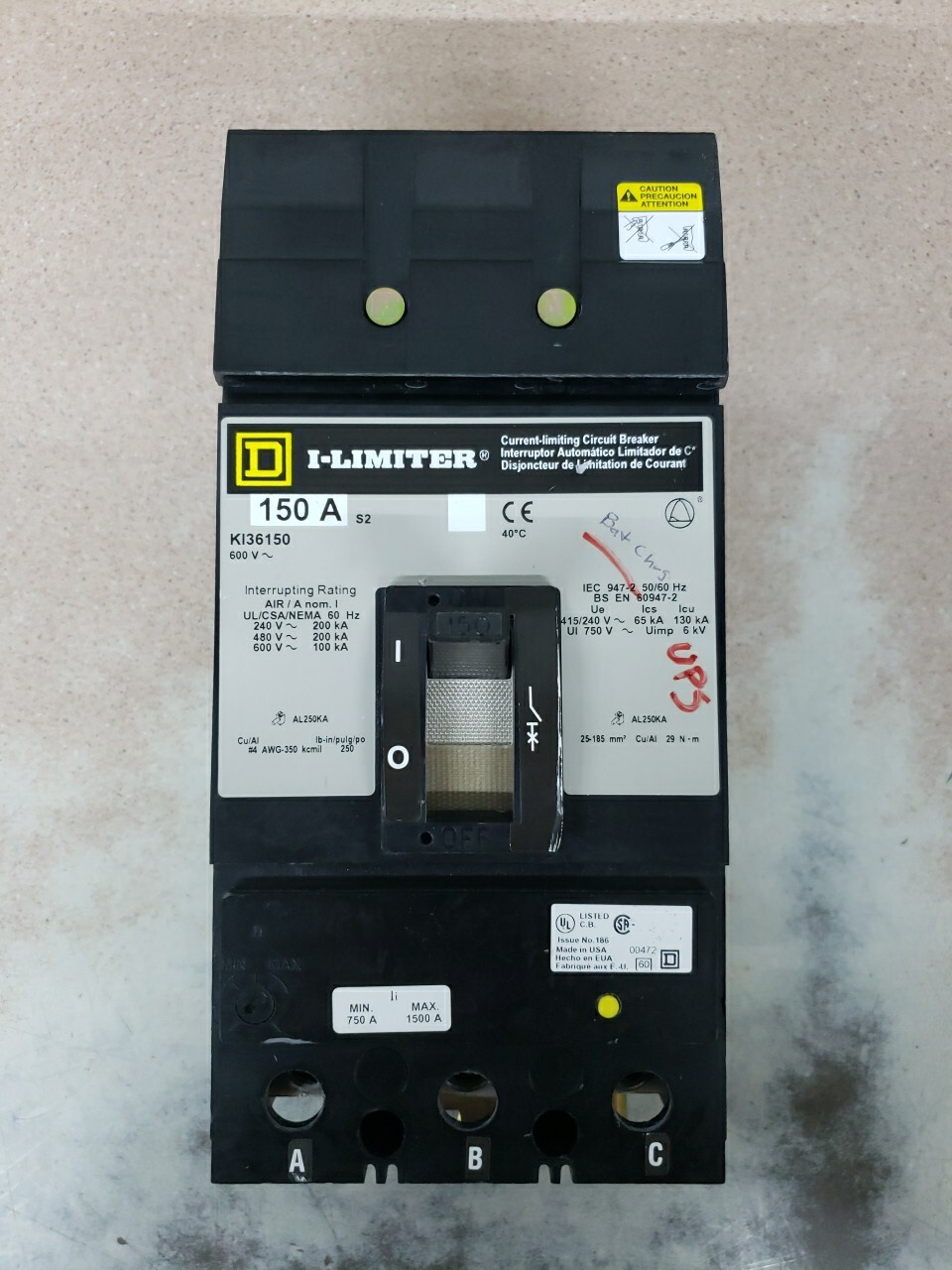 Square D KI36150 150A 600V 3P I-Line Circuit Breaker Damaged label