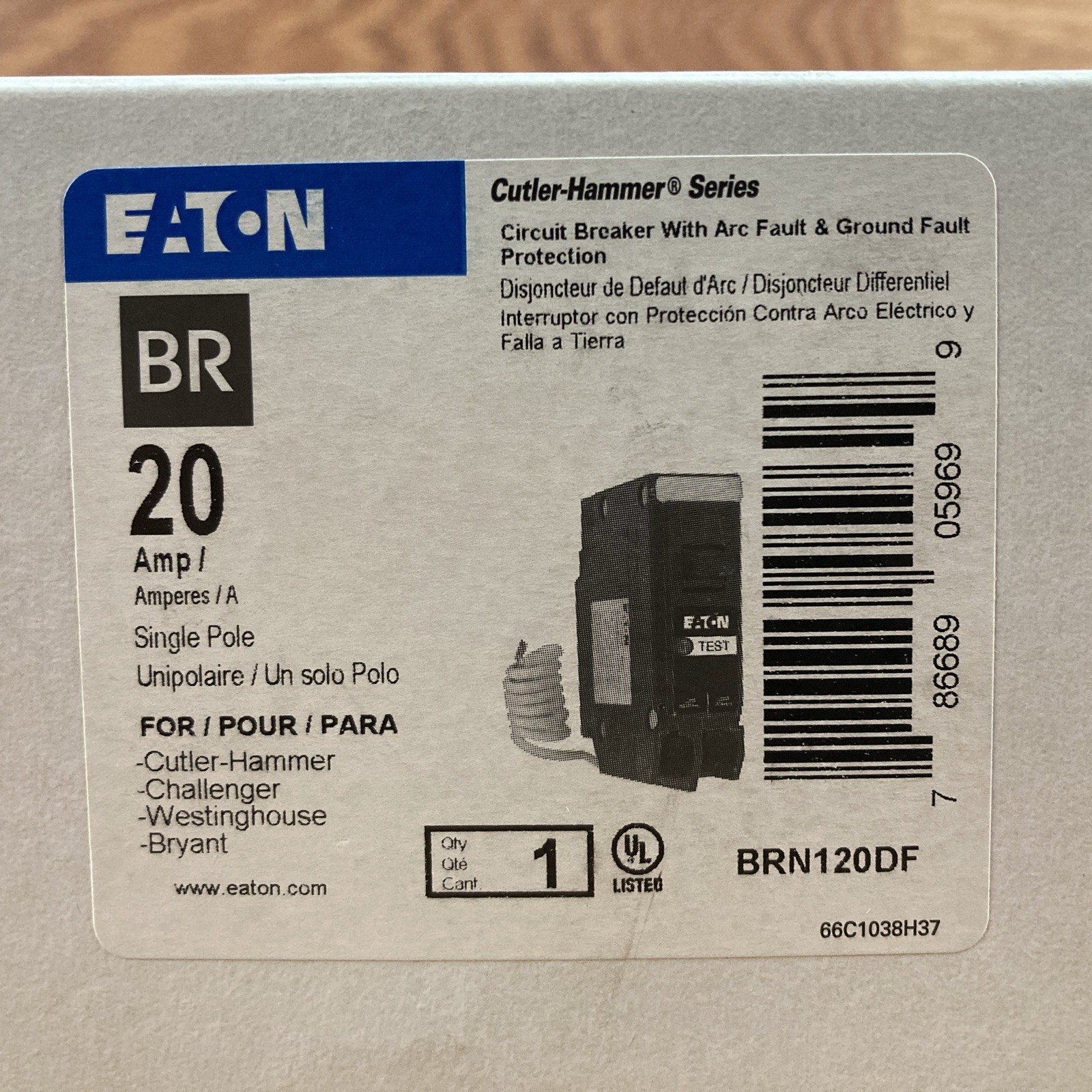 Eaton BRN120DF 20A Single Pole Function AFCI/GFCI Plug-On Circuit Breaker