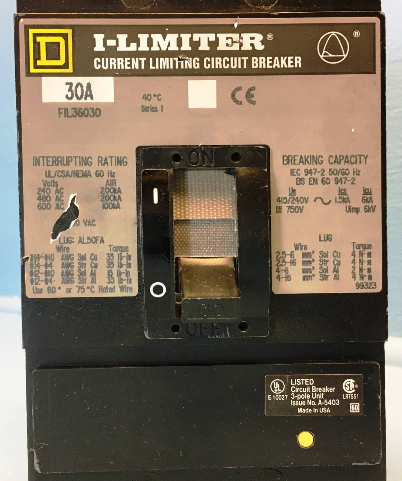 Square D FIL36030 30A I-Limiter Circuit Breaker 600V 3 Pole SqD 30 Amp bad label