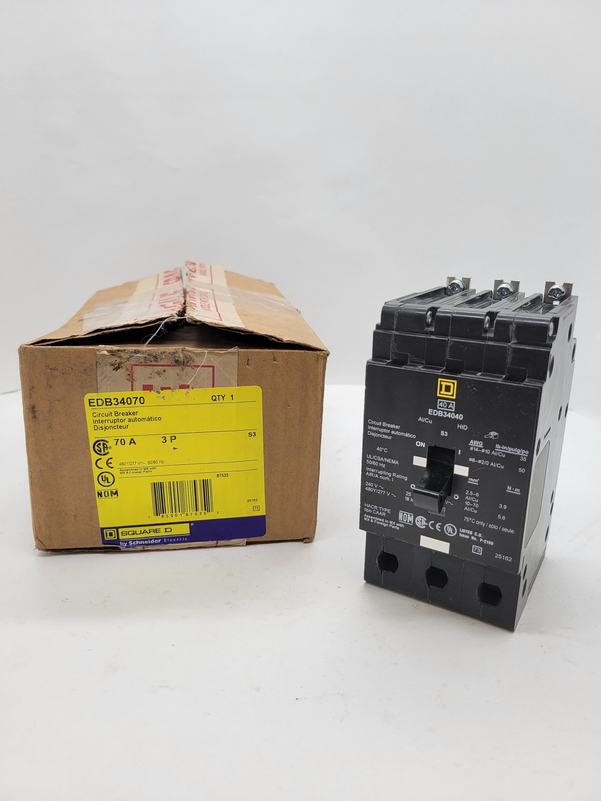 Square D EDB34040 Bolt-On Circuit Breaker 40A 3P 480Y/277V 18KA EDB