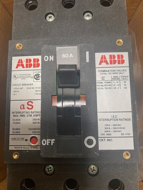 ABB Circuit Breaker 60AMP ESB43060L 480VAC NEW