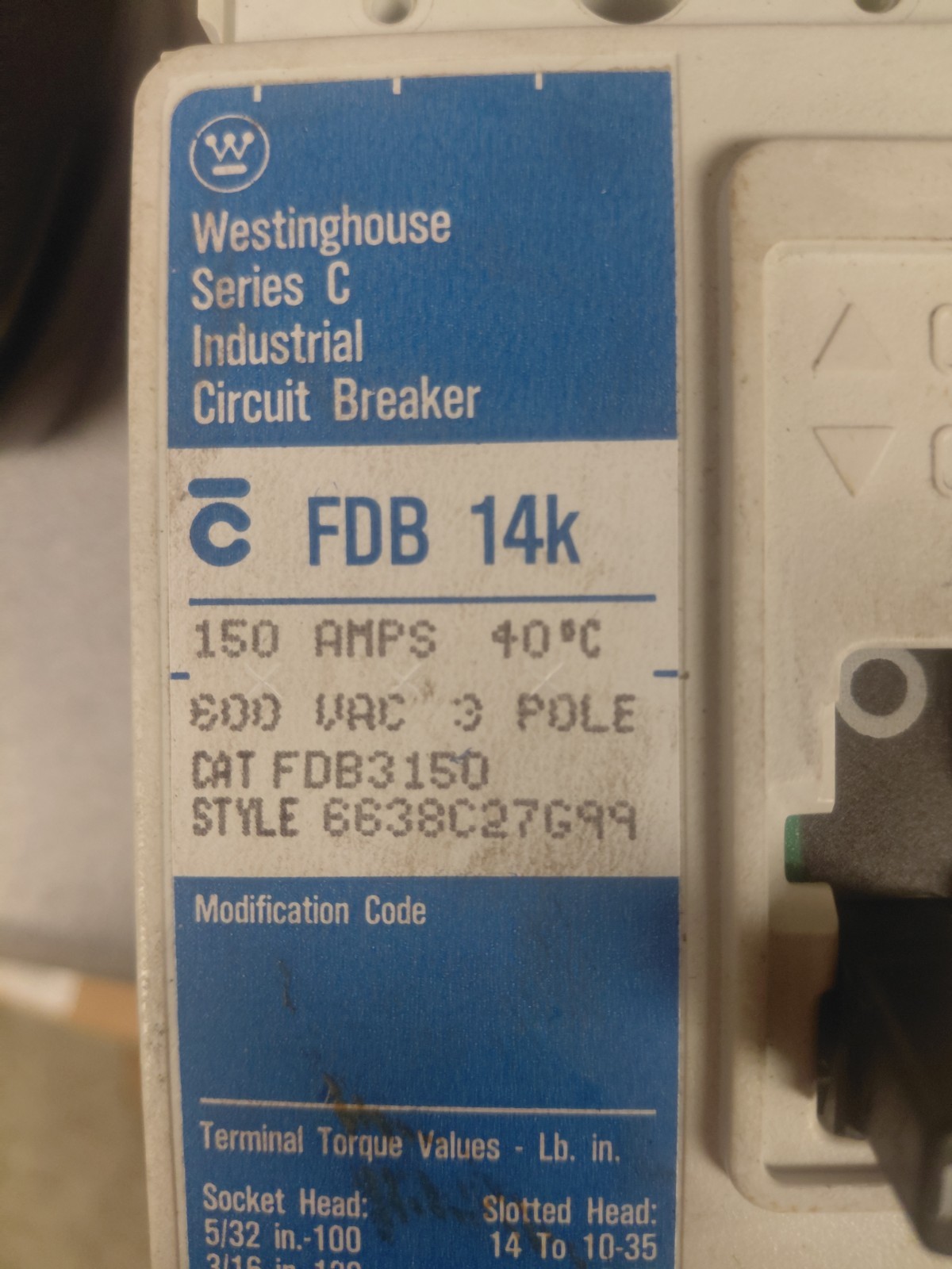 Westinghouse FDB3150, 150 Amp, 3 Phase, Breaker