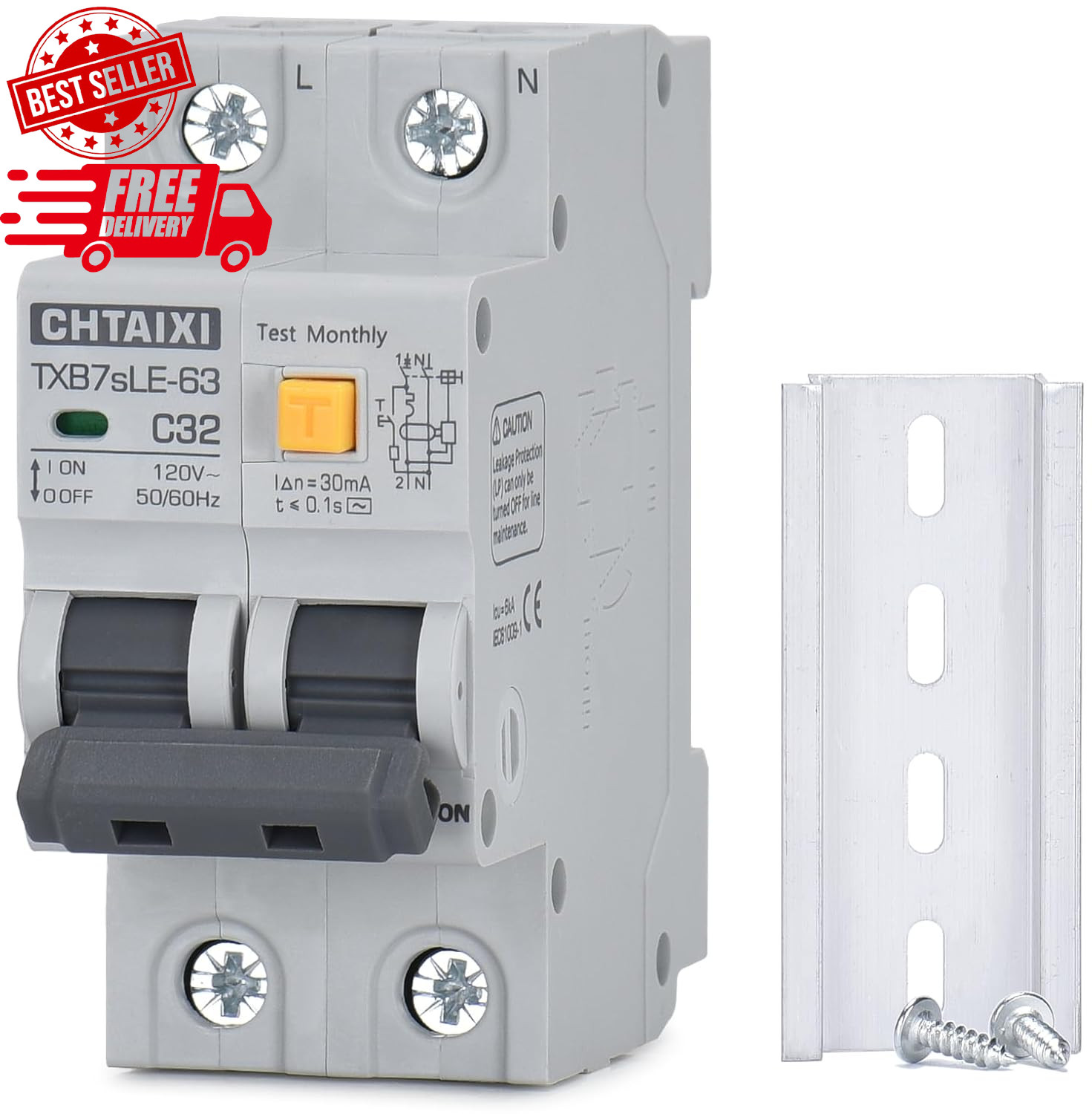Ground Fault Circuit Breaker, 32 Amp 120V AC DIN Rail Mount Residual Current Cir