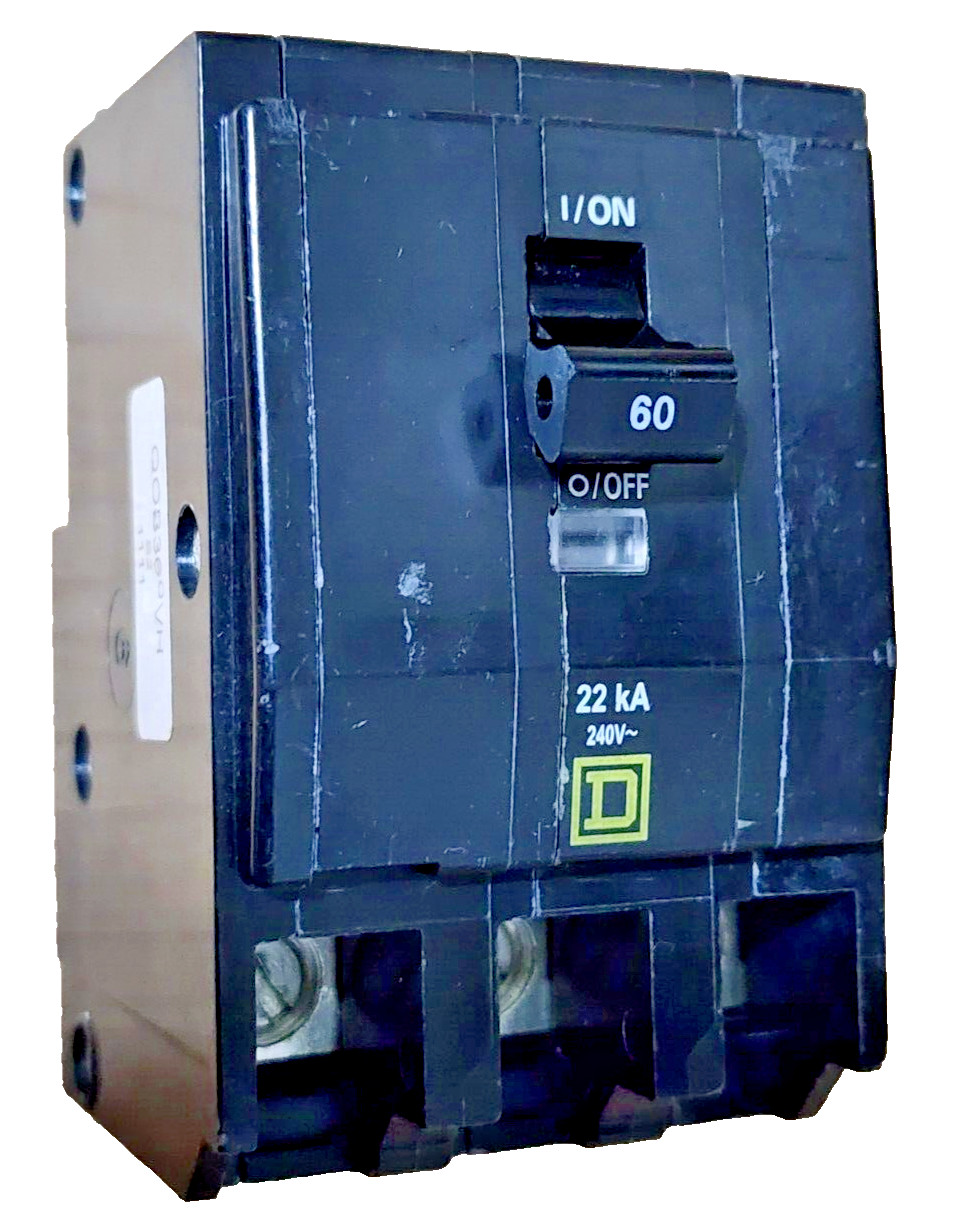 Square D QOB360VH, 3 Pole, 60 Amp, 22kA, Bolt-On Circuit Breaker 240Vac
