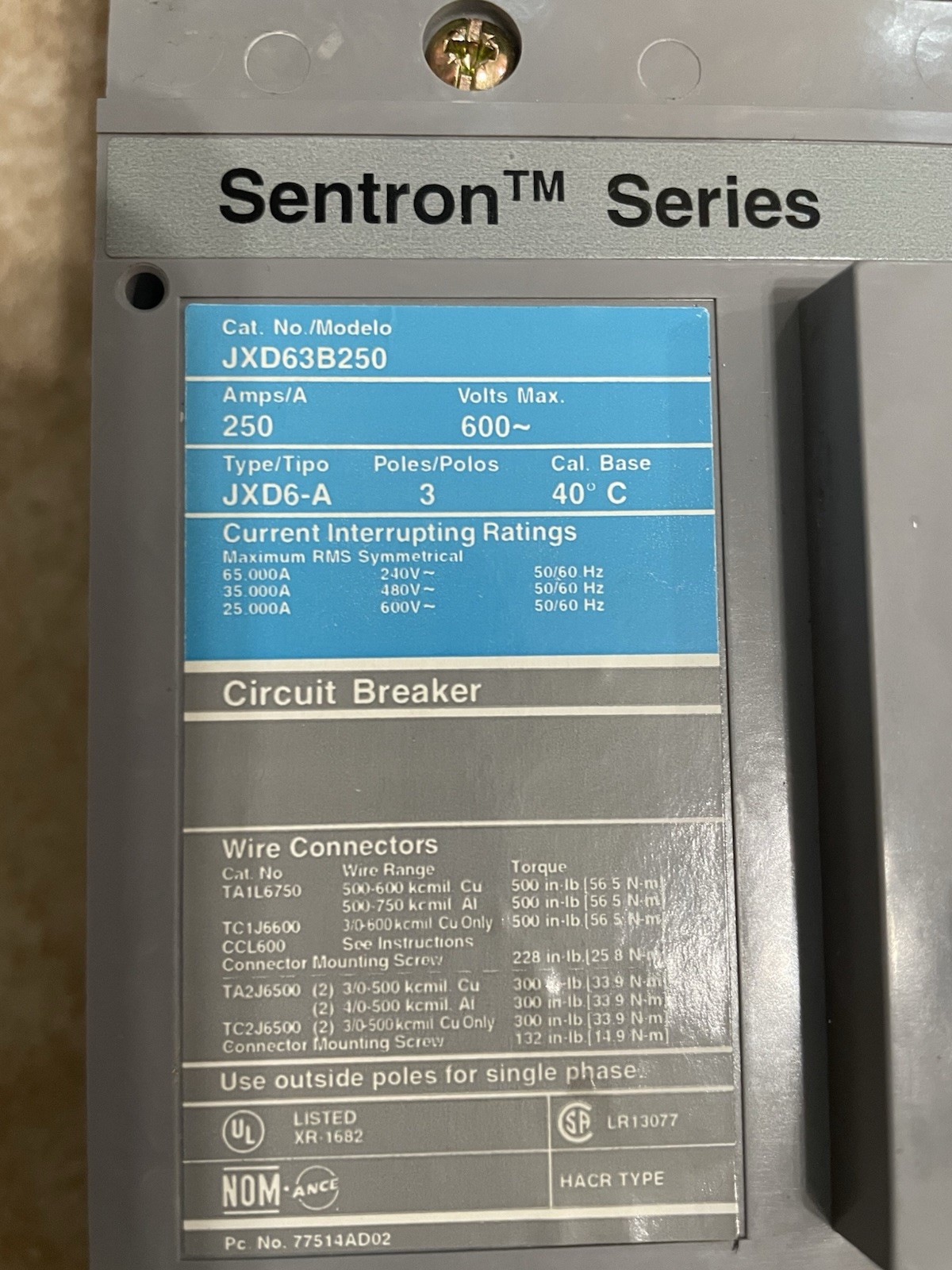 SIEMENS 250A Molded Case Circuit Breaker – Tested / Good Condition