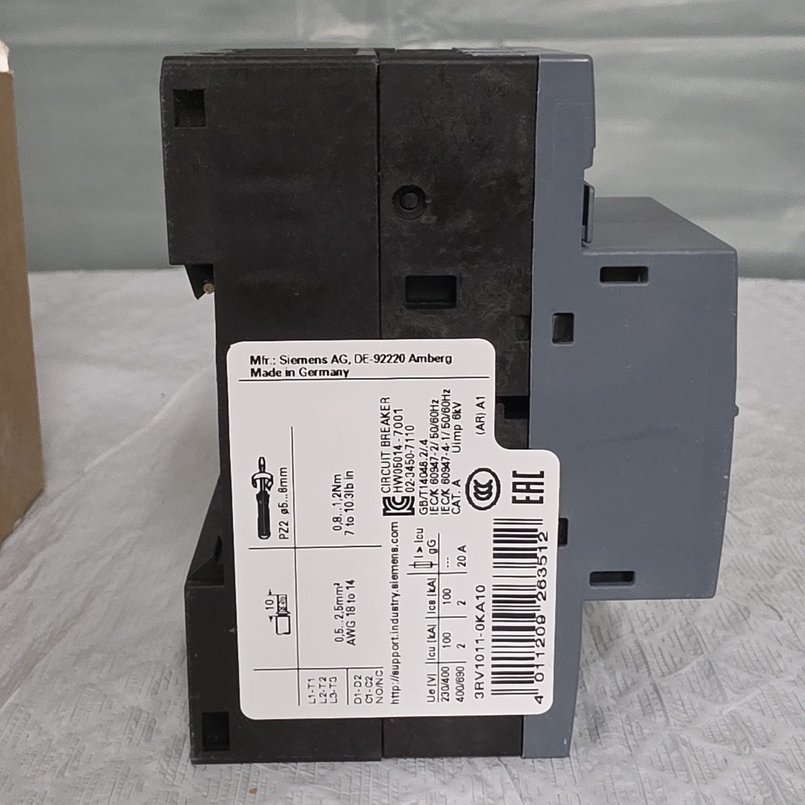 Siemens Sirius 3RV1011-0KA10 Circuit Breaker 0.9-1.25A 3-Pole 200-208V