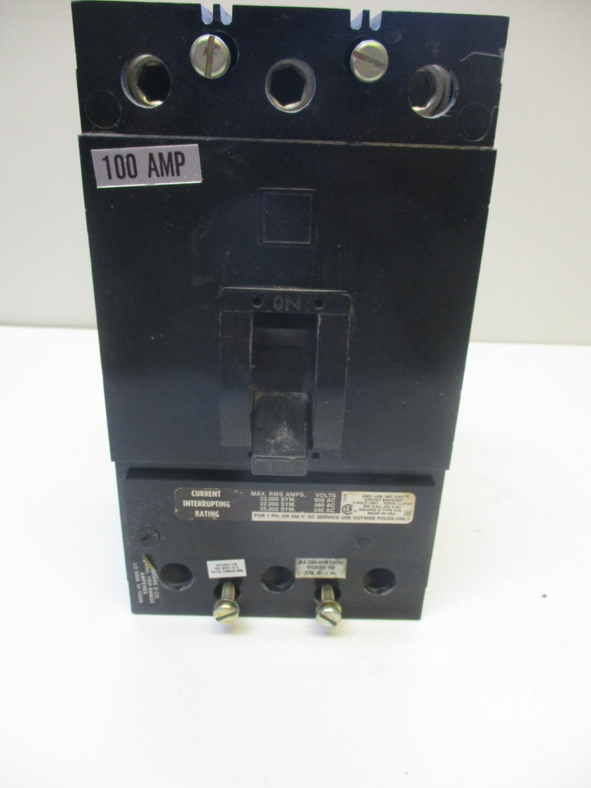SQUARE D CIRCUIT BREAKER CAT# KAL-36100, 100AMP 3POLE, 600VAC, 250 VDC