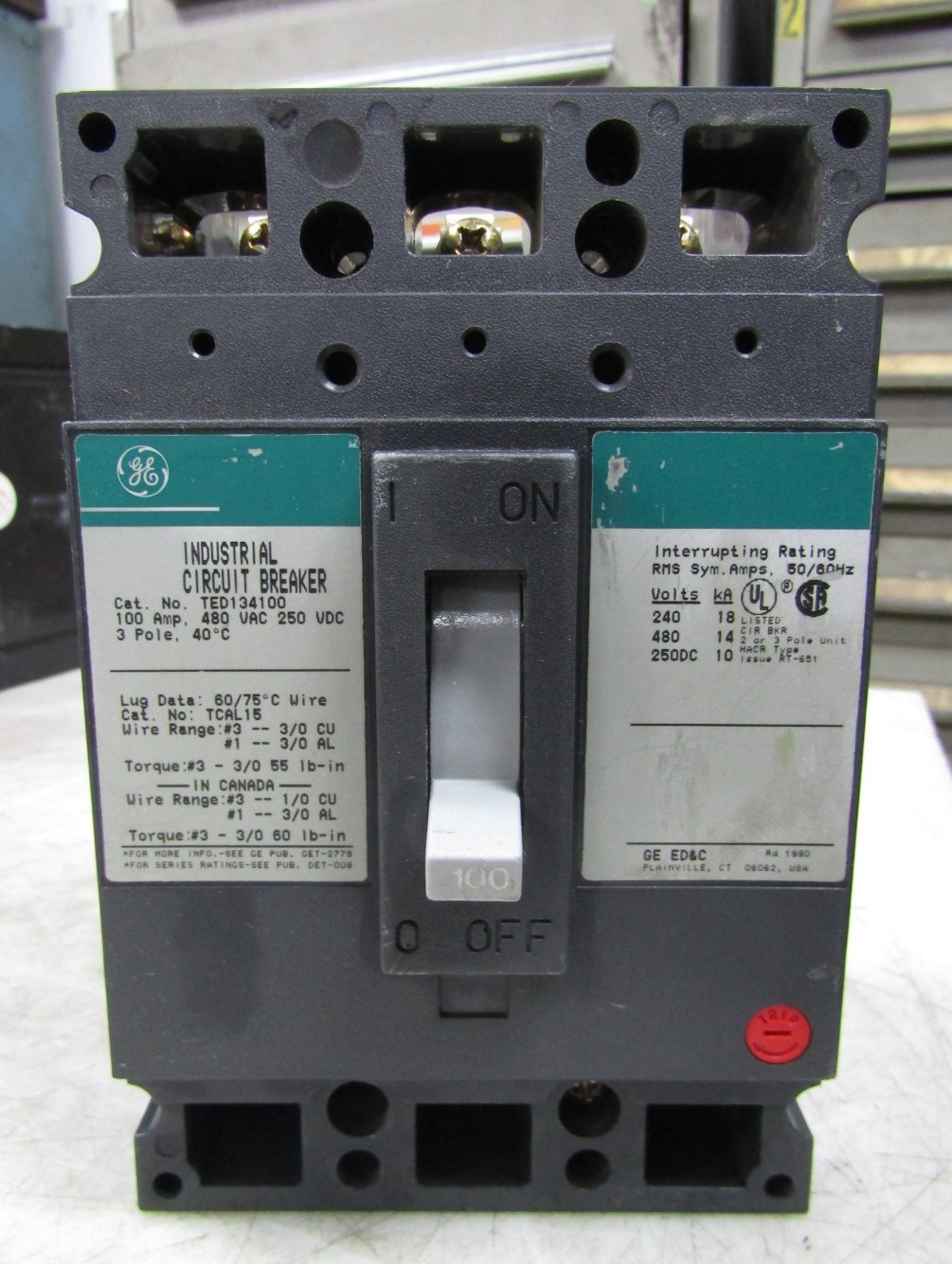 💥GE GENERAL ELECTRIC 100A BOLT ON CIRCUIT BREAKER 3P 480 VAC 250 VDC TED134100
