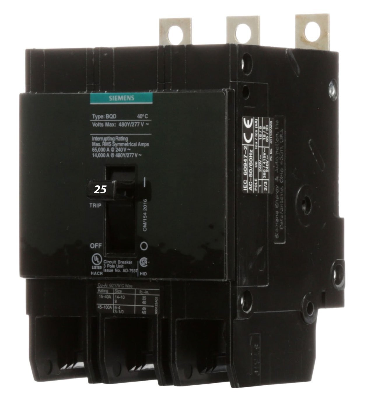 BQD325 – Siemens Bolt-on 480V 25A 3 pole circuit breaker 14kA@480V Factory New
