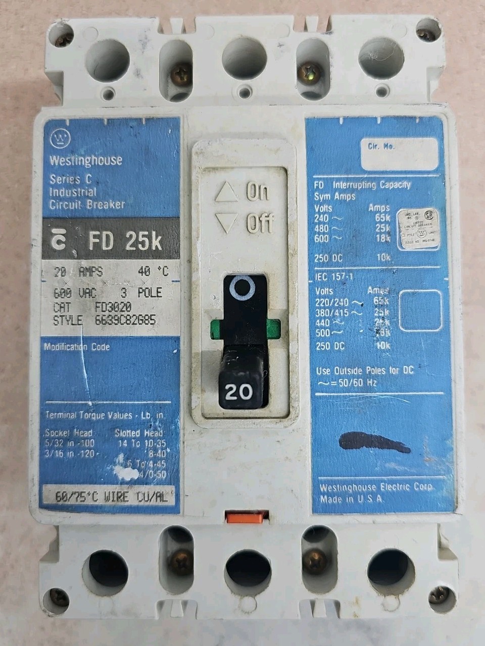 Westinghouse FD3020 20Amp 3Pole 600V 25kA Circuit Breaker