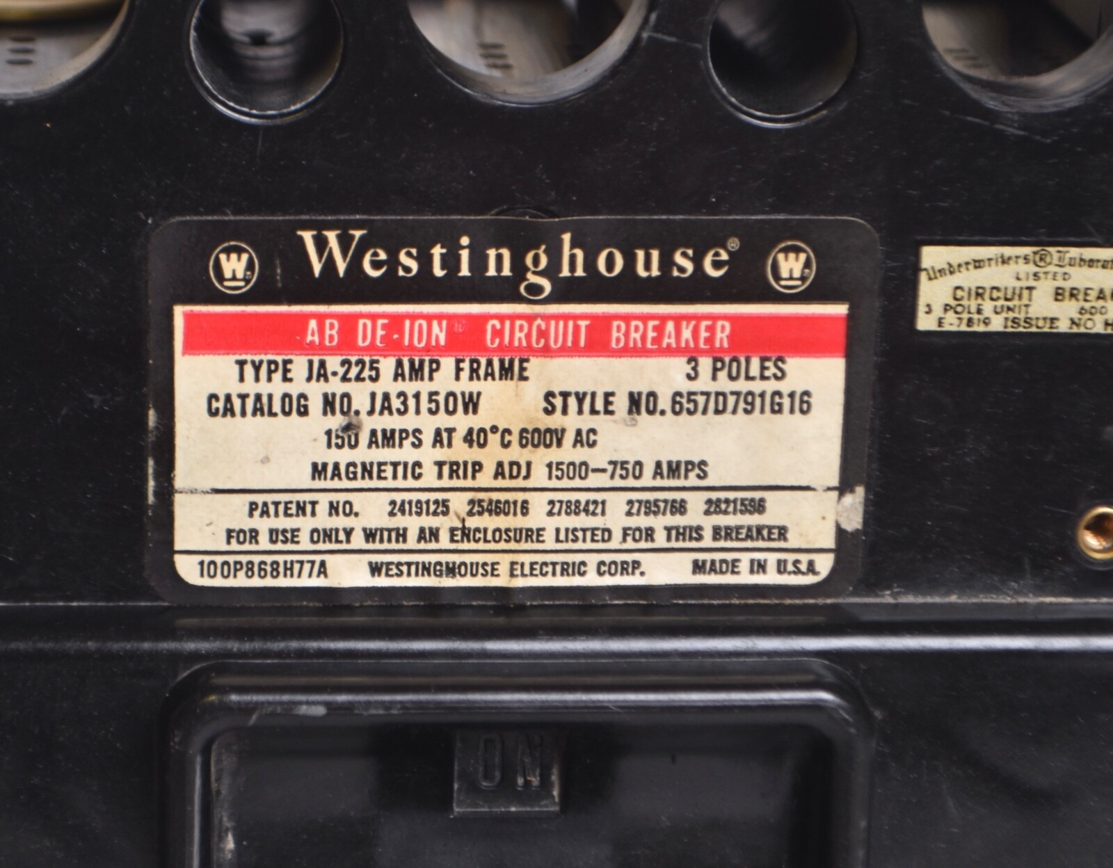 Westinghouse JA3150W 3-Pole JA-225 150A 600V Circuit Breaker