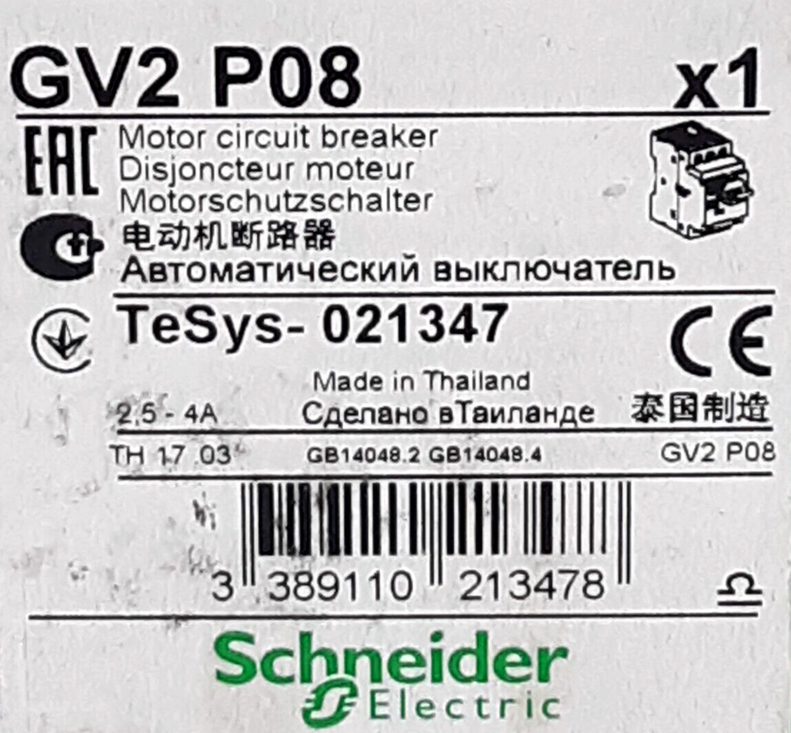 Schneider Electric GV2 P08 Circuit Breaker 2.5-4A