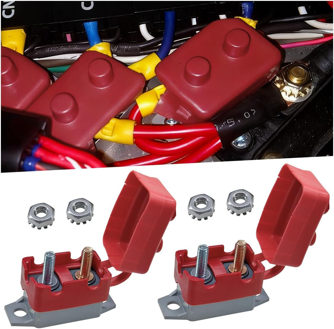 2PCS 50A DC 12V-24V Car Automatic Reset Circuit Breaker with Cover Stud Bolt, Au
