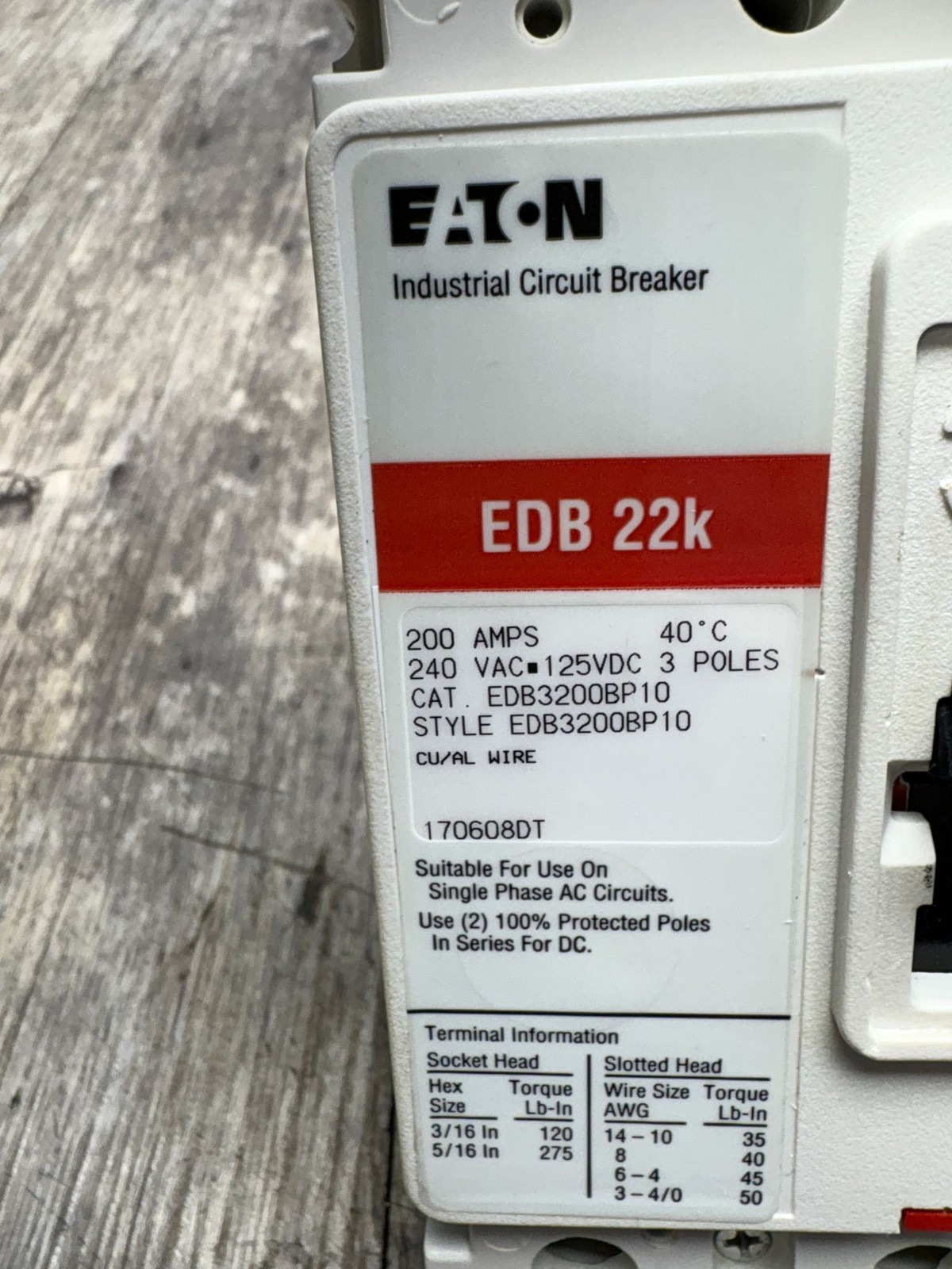 EATON EDB3200BP10 EDB22K 200A 3 POLE MOLDED CASE CIRCUIT BREAKER