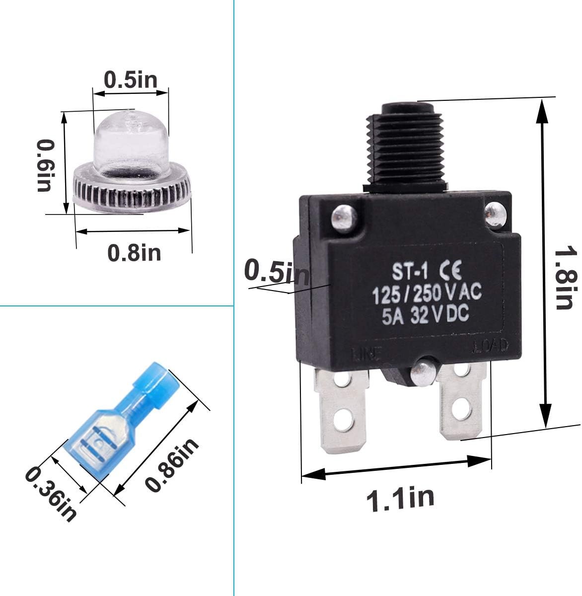 mxuteuk 5Pcs 5Amp Circuit Breakers Push Button Manual Reset 125/250V AC 32V