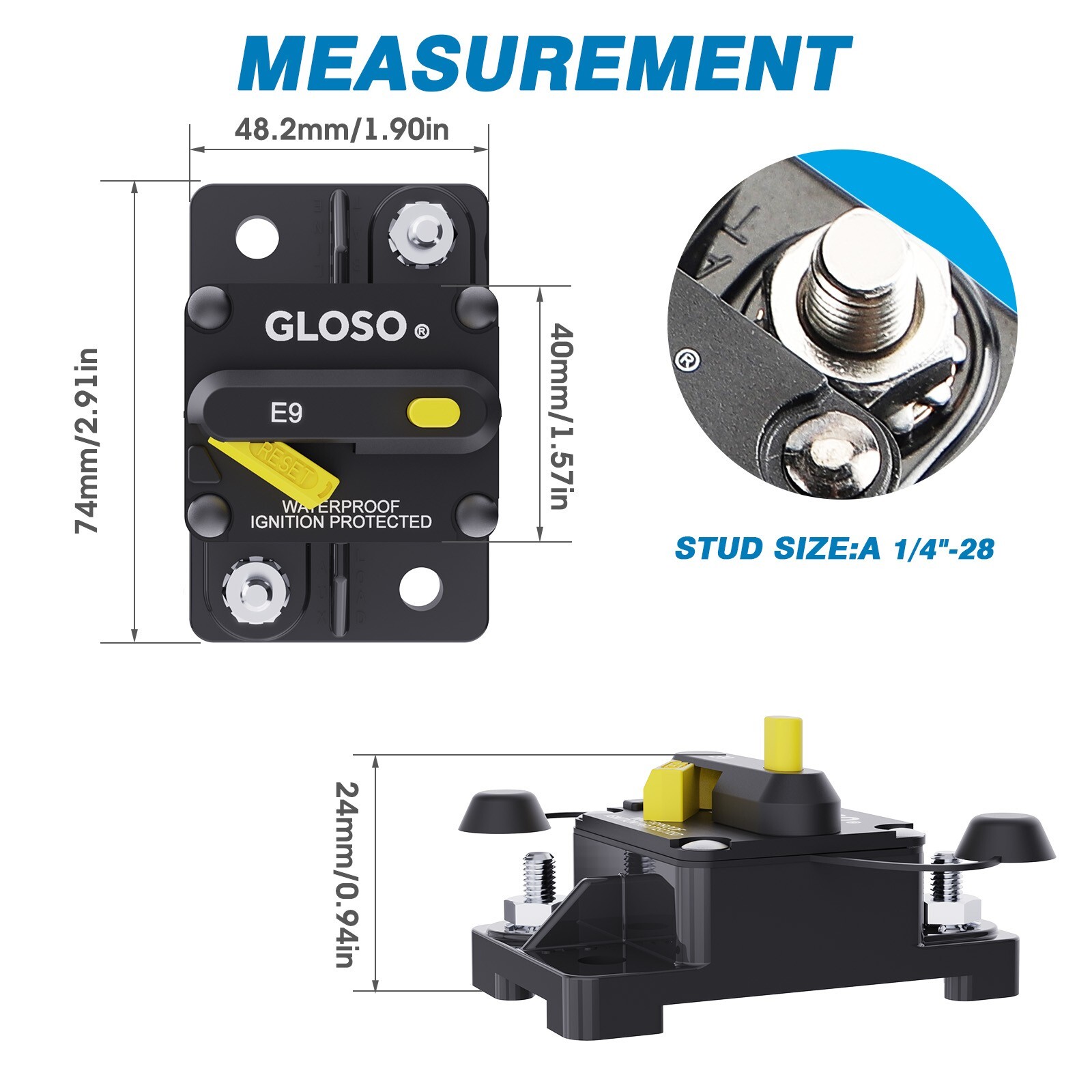 GLOSO E99 Surface Mount 1/4″ Stud T3 Manual Reset Hi-Amp Circuit Breaker