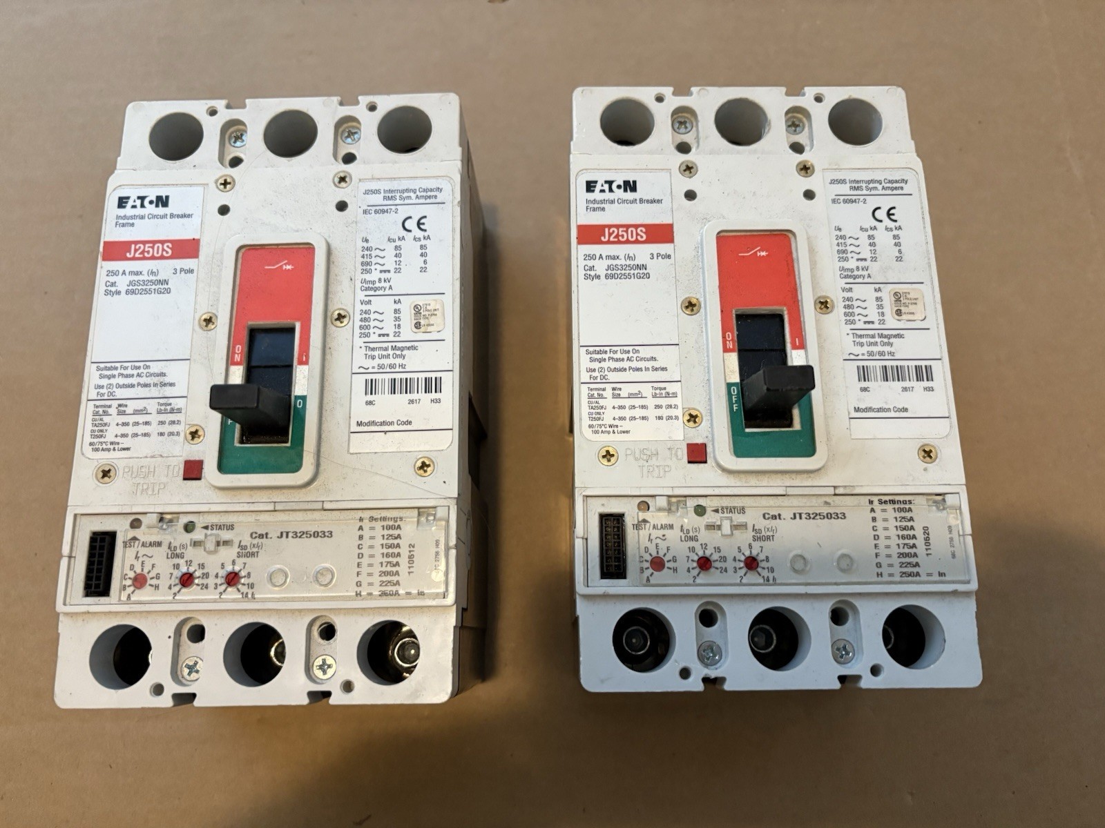 Eaton breakers JGS3250NN 3 pole 250 Amp 600V Circuit Breaker LOT OF 2 ONE PRICE