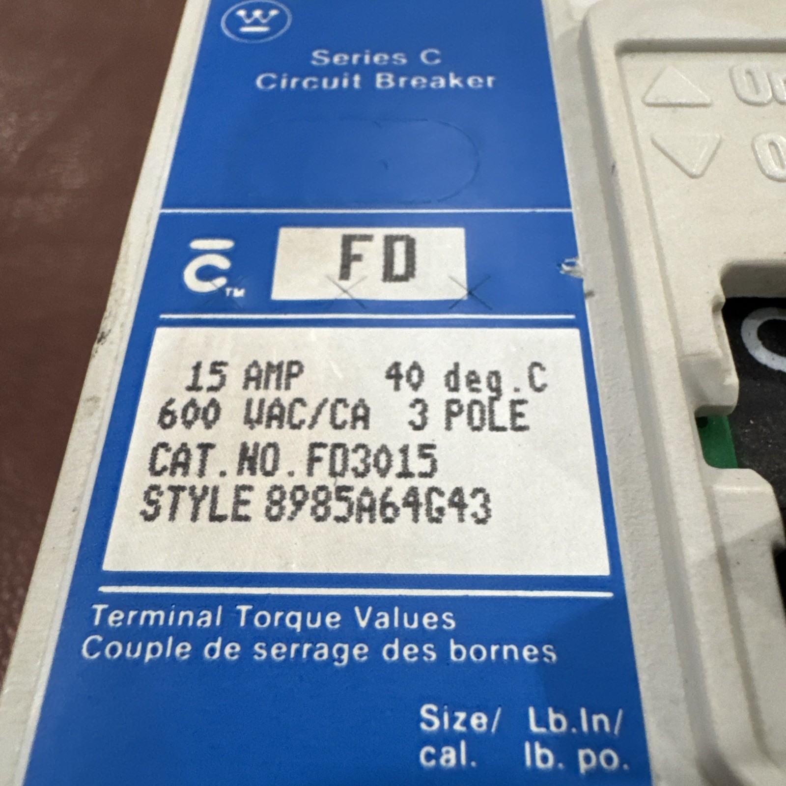 WESTINGHOUSE FD3015L SERIES C INDUSTRIAL CIRCUIT BREAKER 15 AMPS 600 VAC 3P
