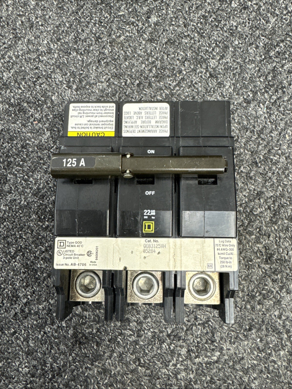 SQUARE D QOB3125VH 3P 125 AMP 22KAIC RATED CIRCUIT BREAKER