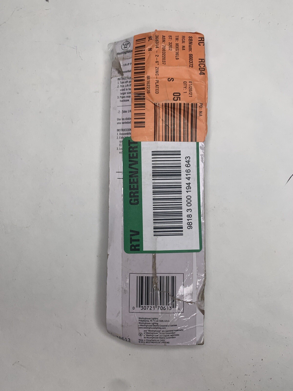 WESTINGHOUSE-7061300 – 2 Steel Nipples Zinc-Plated 6 inches long, Threaded 1/4-I