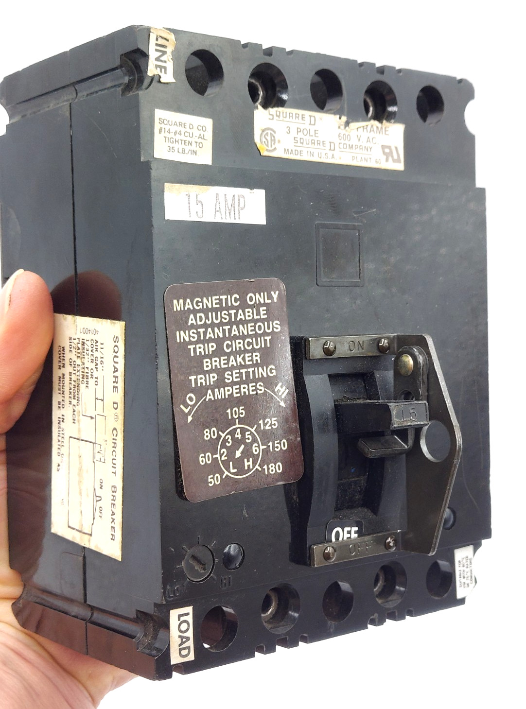 Square D FAL36015 15A 3P 600V Adjustable Instant Trip Breaker w/ Locking Shackle