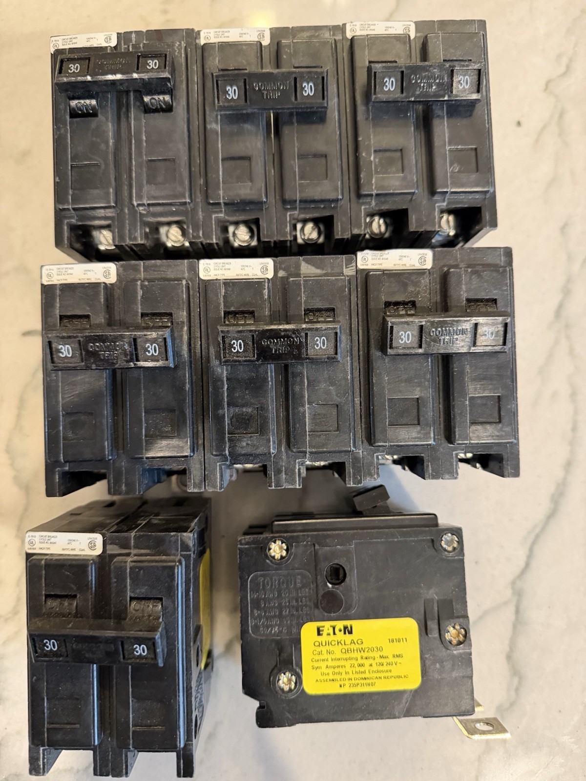 Lot Of (3) Eaton QBHW2030 2 Pole 30 Amp Bolt On Breakers **USED**