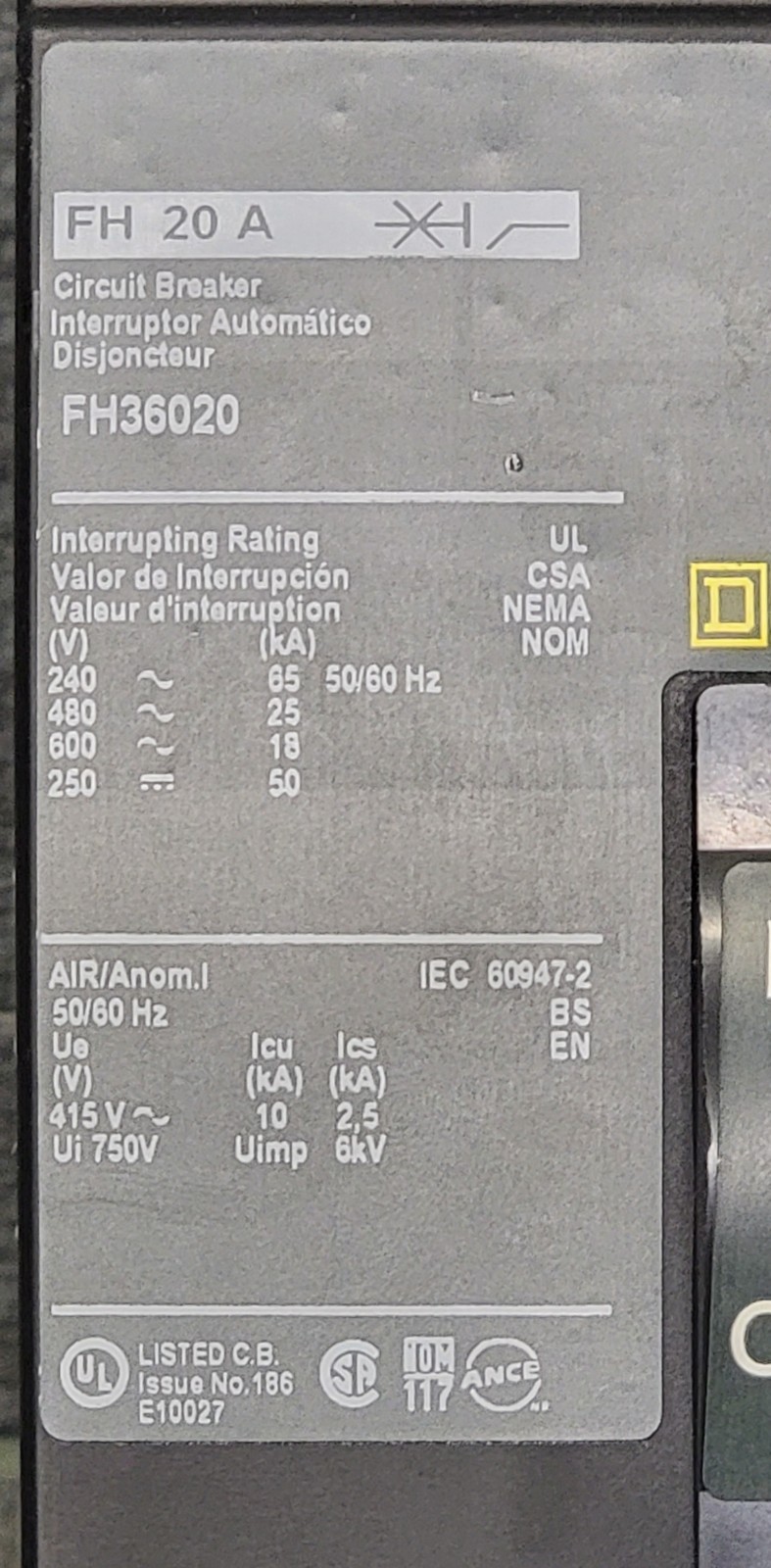 Square D FH36020, 20 Amp, 600 Volt, I-Line Circuit Breaker Used For 1 Month
