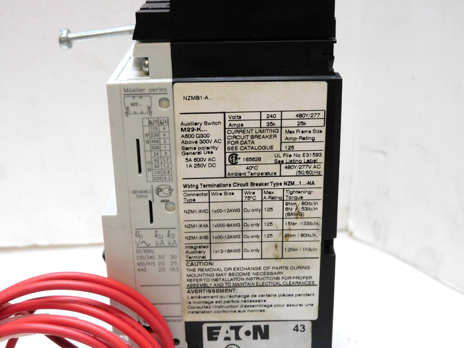 EATON NZM 1 125A CIRCUIT BREAKER NZMB1 100-125A 3P 3 POLE TRIP W/ SHUNT