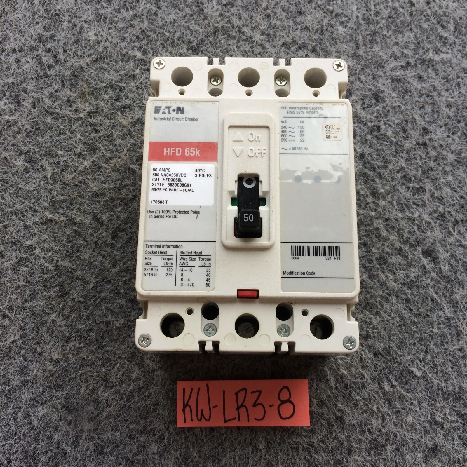 Eaton HFD3050L 50A Circuit Breaker Glossy Red 600V HFD3050 Cutler-Hammer 50 Amp
