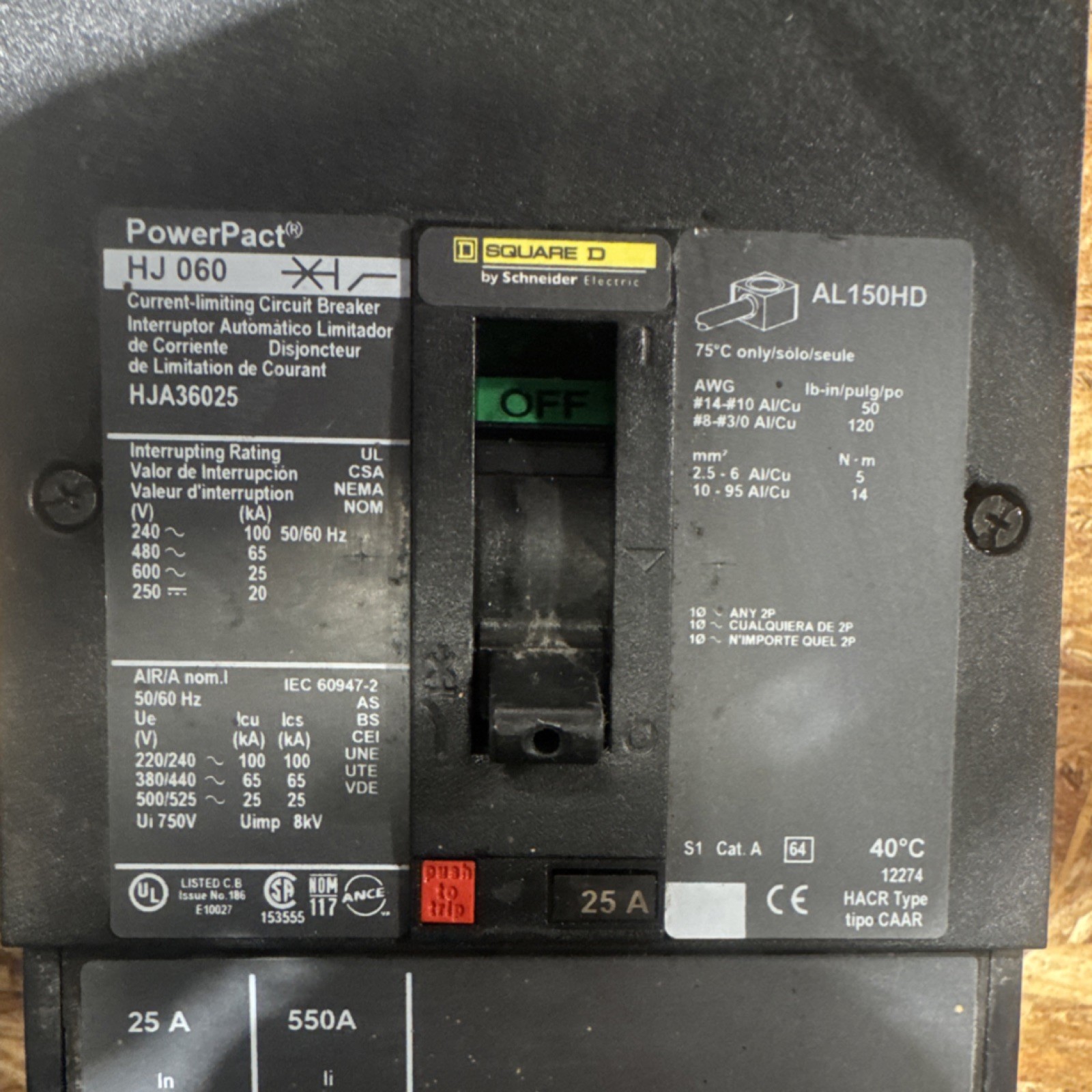 Square D PowerPact HJ060 Circuit Breaker 25A 240/480/600V AC 3-Pole HJA36025