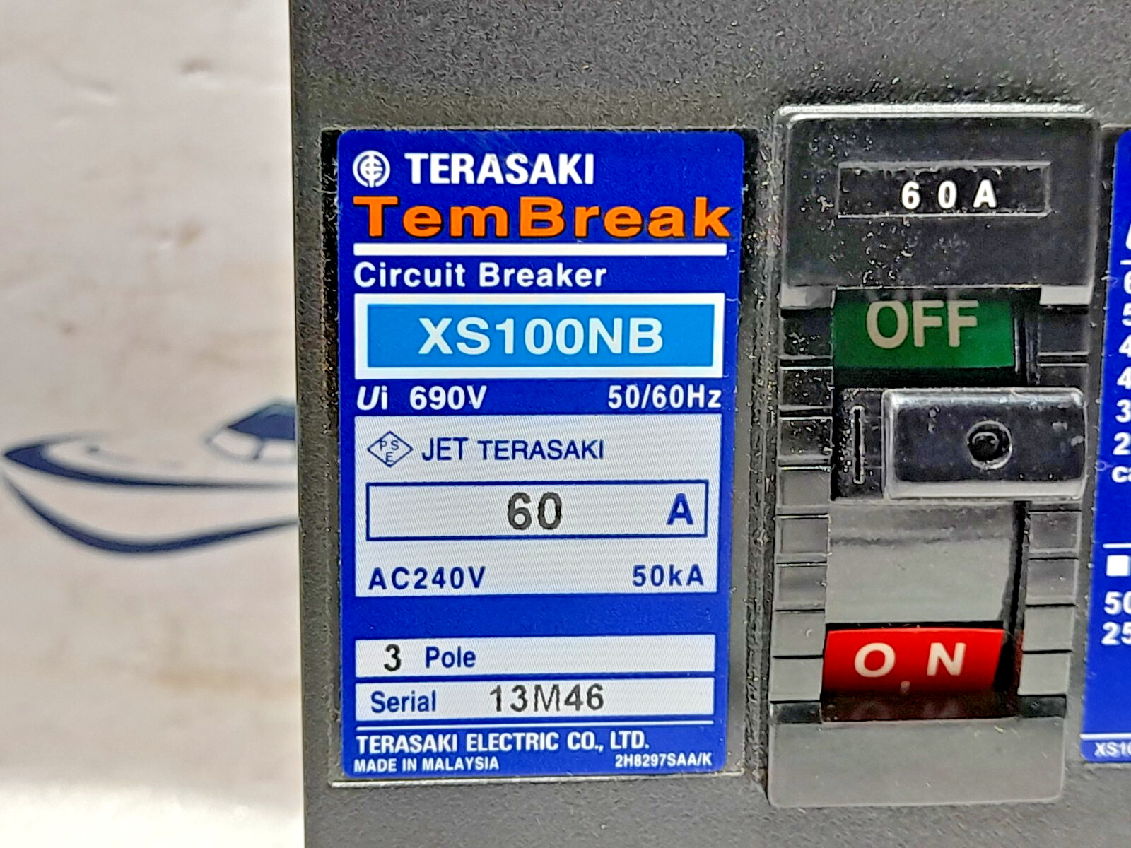 Terasaki Electric XS100NB TemBreak Circuit Breaker 60A 3Pole FC Ui 690V 50/60Hz