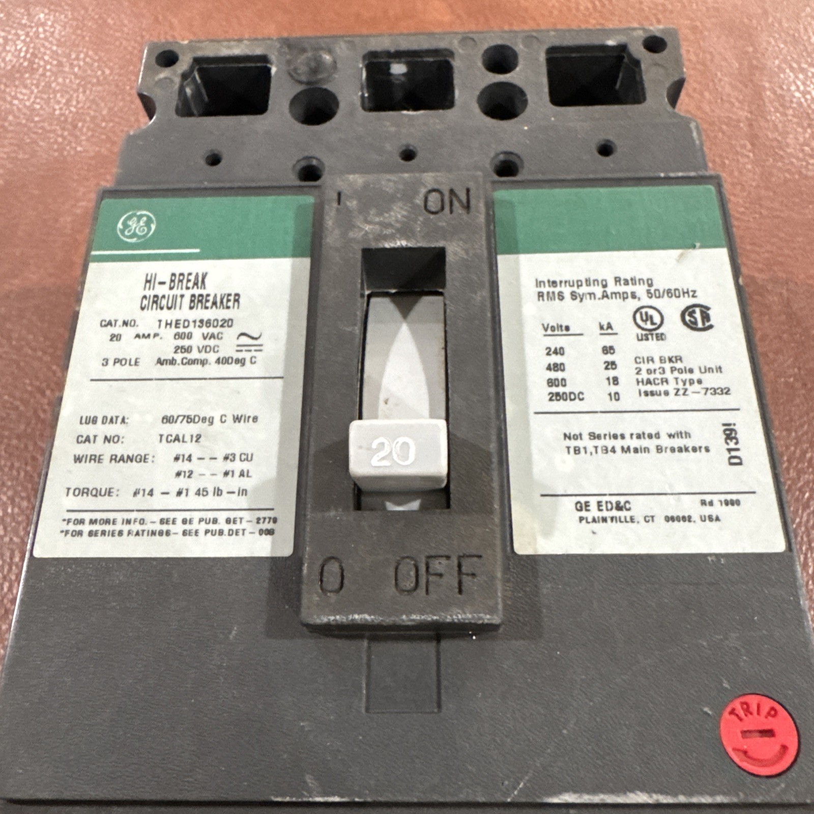GE Circuit Breaker THED136020 3 Poles 600VAC 250VDC 20A 25kA 480V HI-BREAK