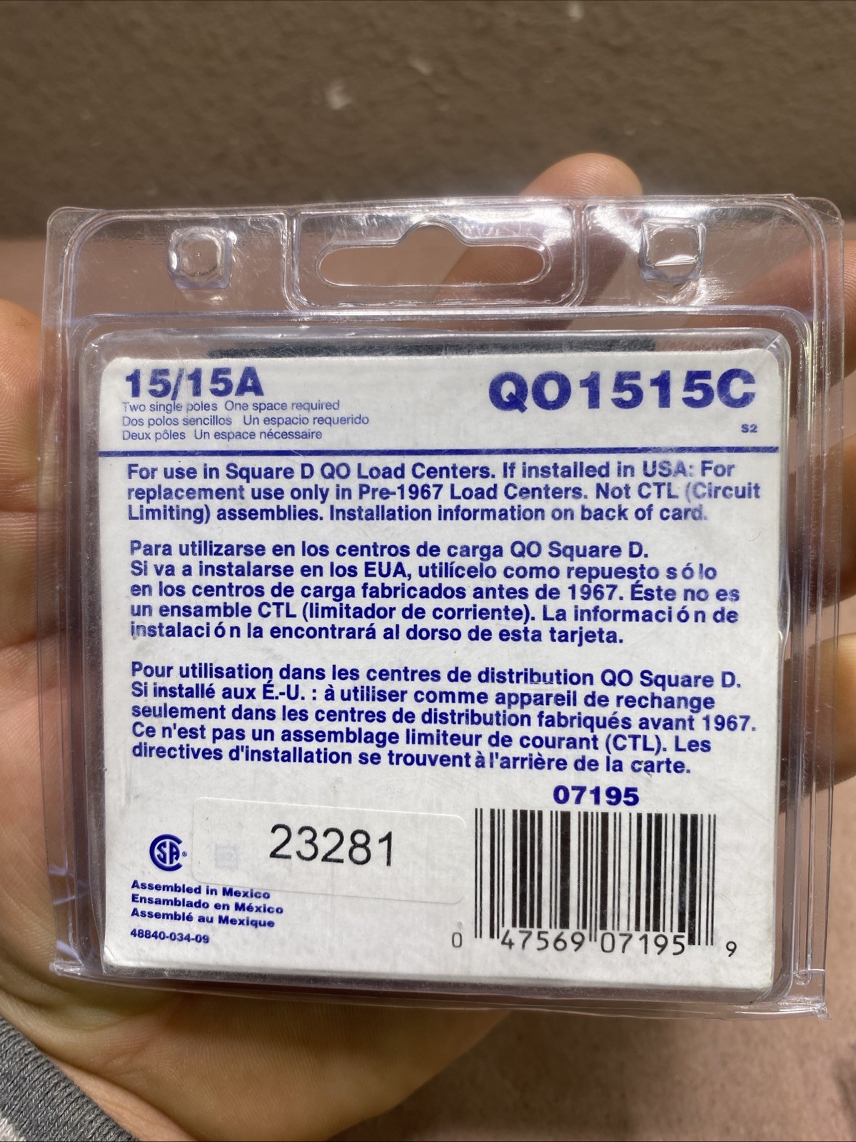 Square D Circuit Breaker 15/15A QO1515C Single Pole Tandem 1 Pole Breaker F1