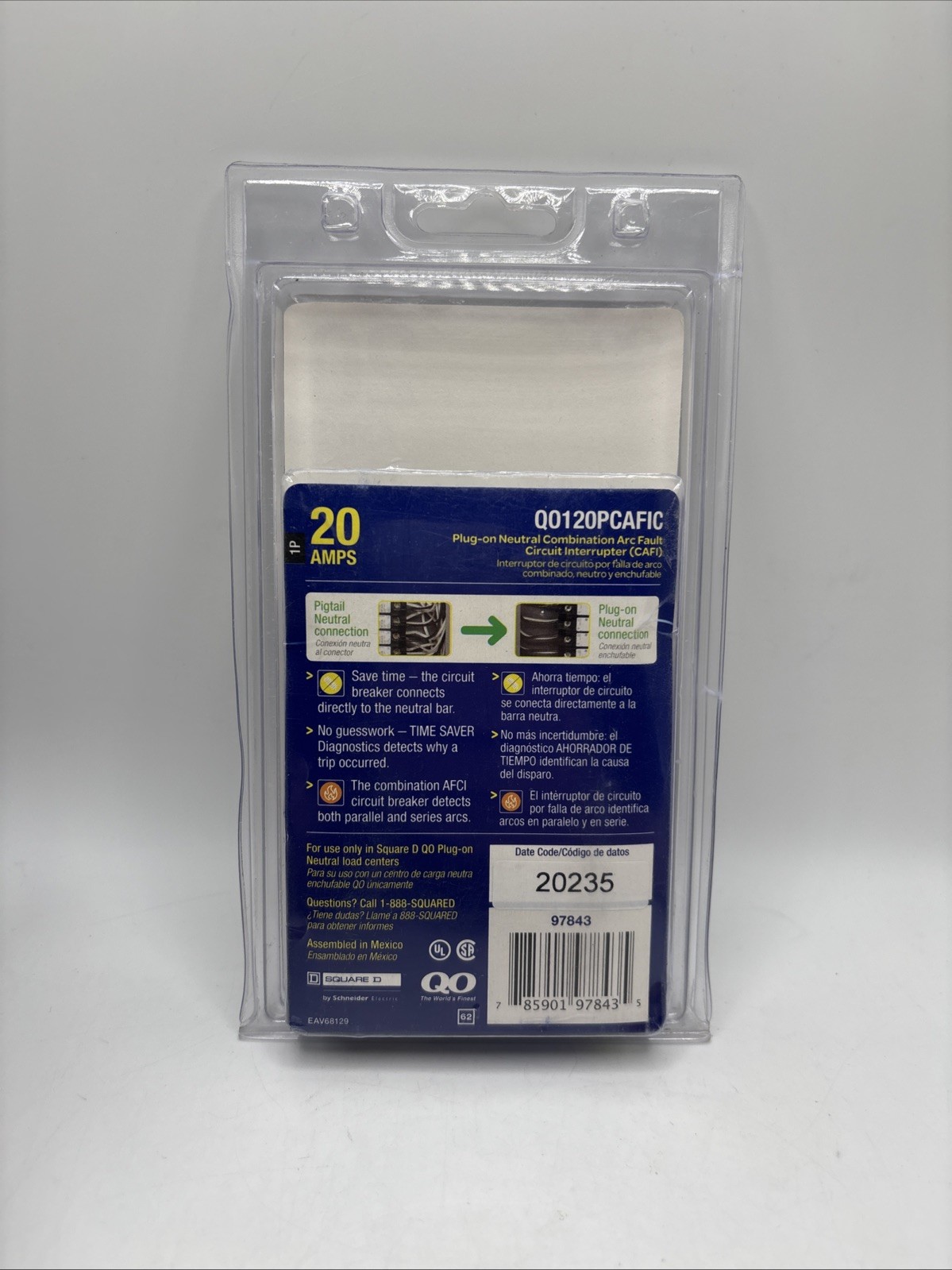 Square D QO120PCAFIC 20 Amp Plug-On Neutral CAFI Circuit Breaker 1P 120V