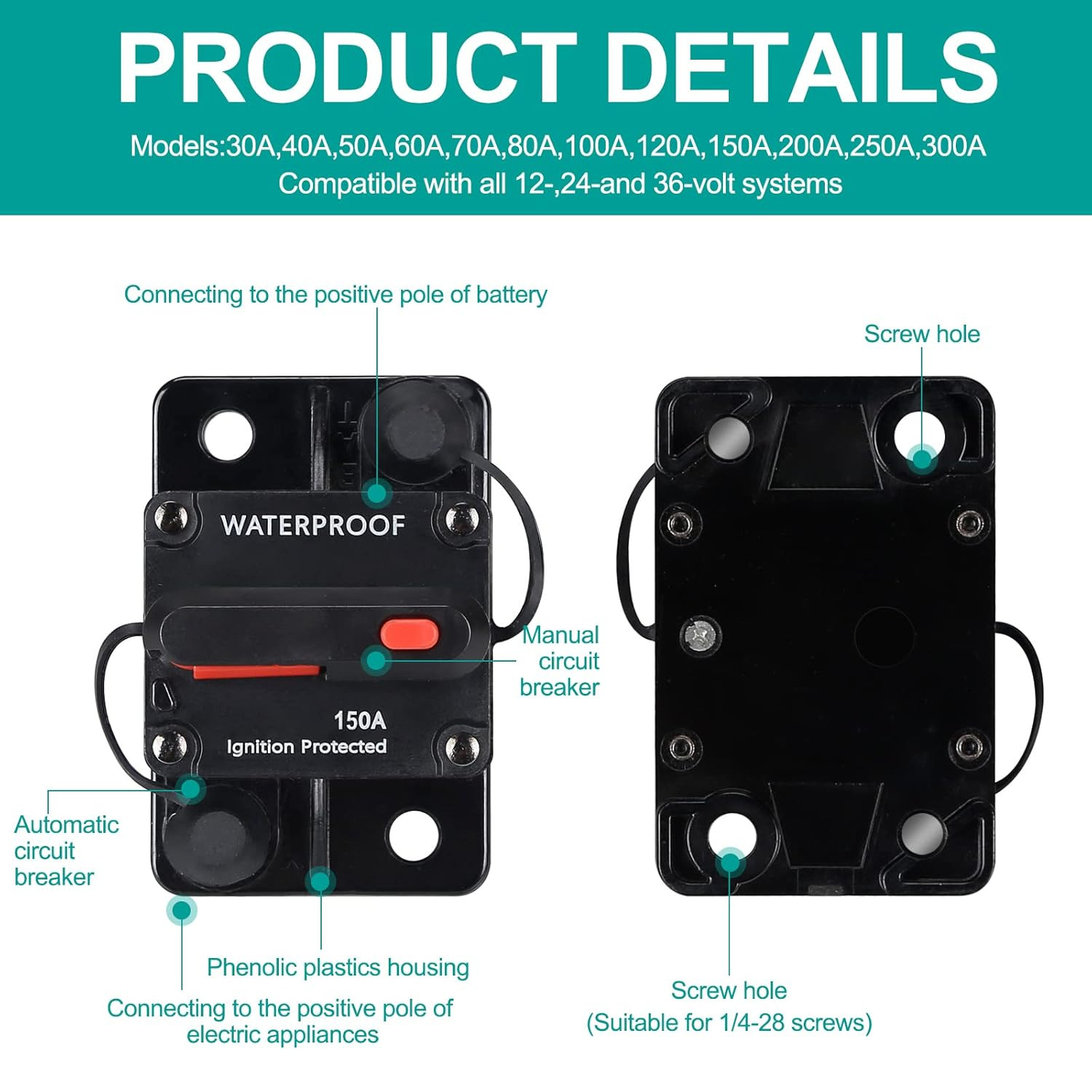 150 Amp Waterproof Circuit Breaker,With Manual Reset,12V-48V DC, for Car Marine