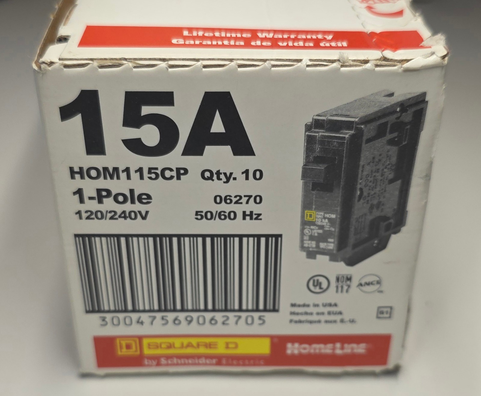 10x Square D HOM115CP 15A Circuit Breakers Single Pole 120/240V 50/60Hz