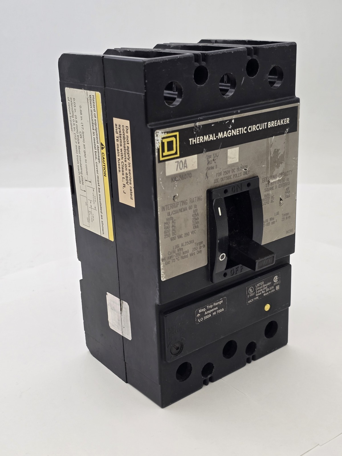 Square D KAL36070 Feed-Thru Circuit Breaker 70A 600VAC 3P 3PH Type KAL 70 Amp