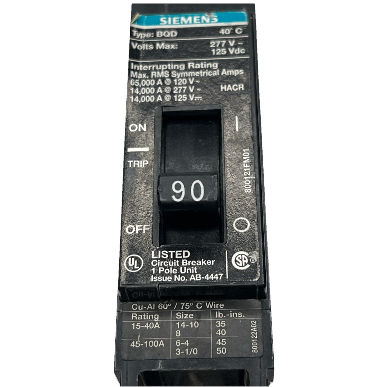 BQD190 – Siemens Bolt-on 277V AC 125V DC 90A 1 pole circuit breaker