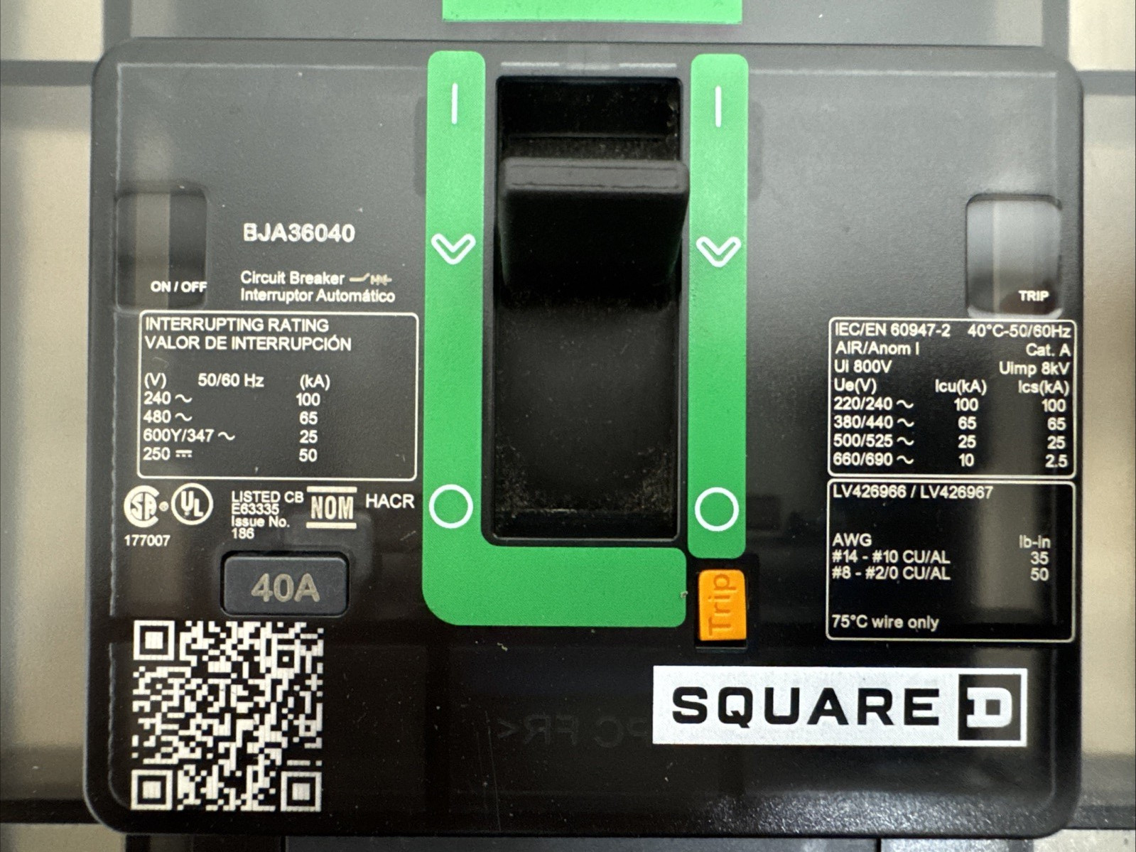 NEW TAKEOUT SQUARE D BJA36040 I-LINE 3 POLE 40 AMP 480v 65KAIC POWERPACT BREAKER