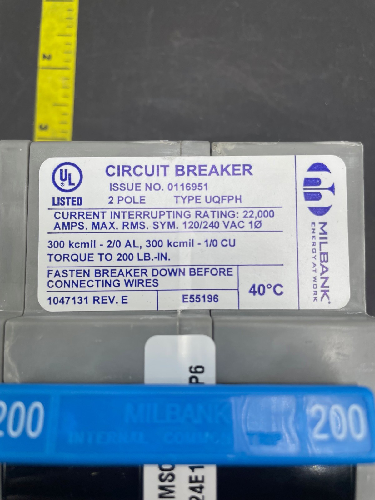 Milbank Plug In Main Breaker, UQFP, TBFP, UQFPH200M, 22KAIC