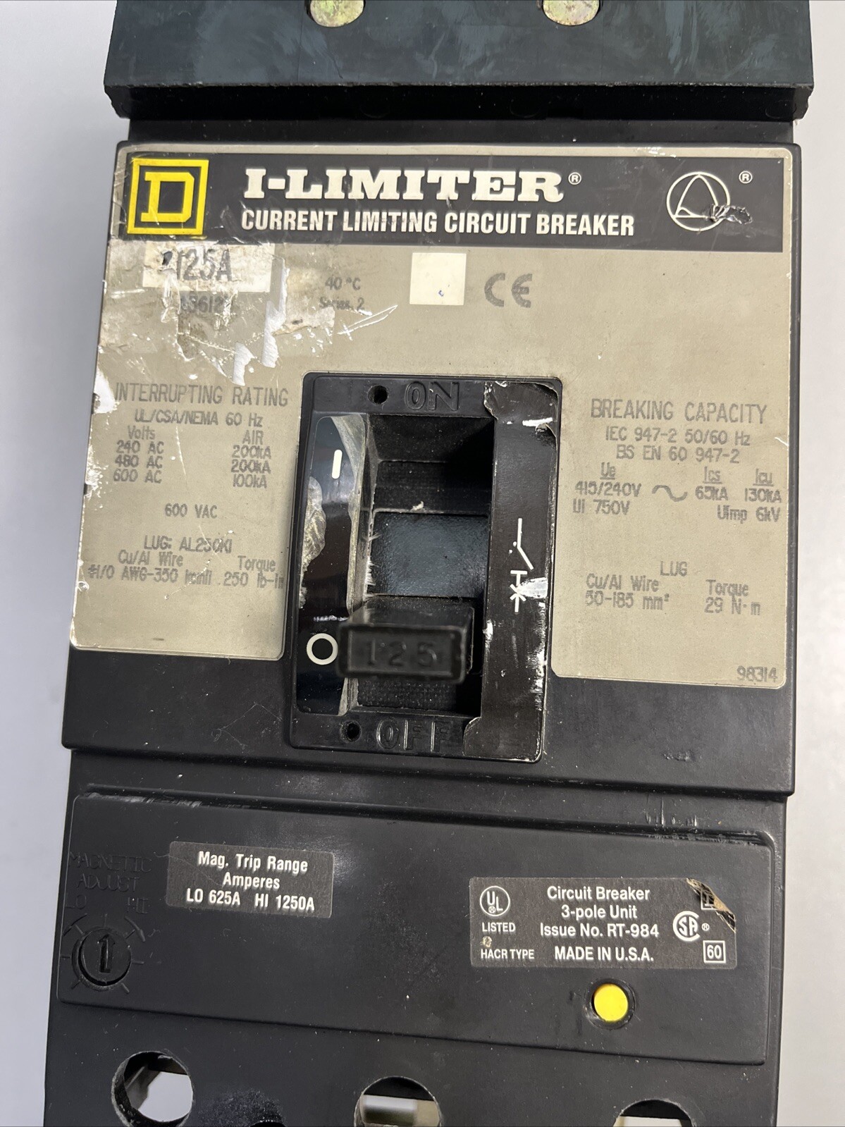 Square D KA36125 3 Pole 125 Amp 600 Vac I-Limiter Breaker (Working, Chipped)