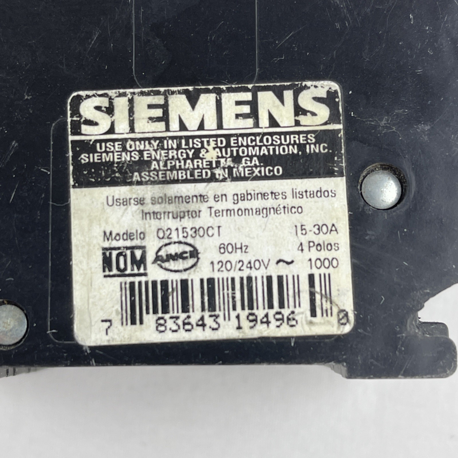 SIEMENS Q21530CT 30 Double Two 15-Amp Single Pole Circuit Breaker *USED*