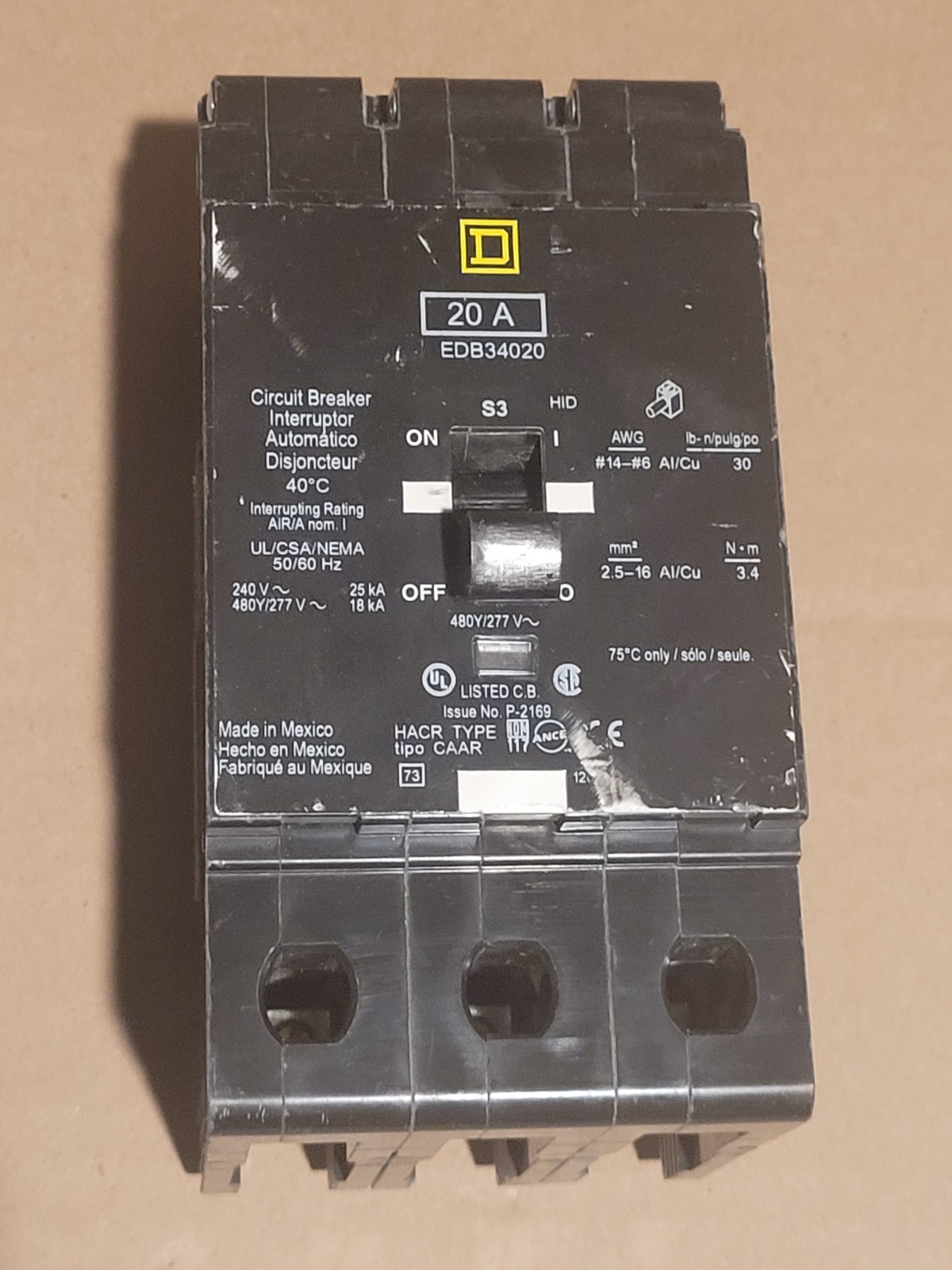 Square D EDB34020 Circuit Breaker 20A 3-Pole 480Y/277V