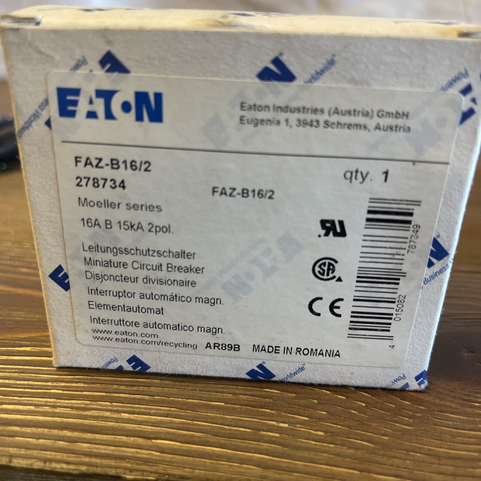 EATON FAZ-B16/2 16AMP 2-POL 15KA CIRCUIT BREAKER