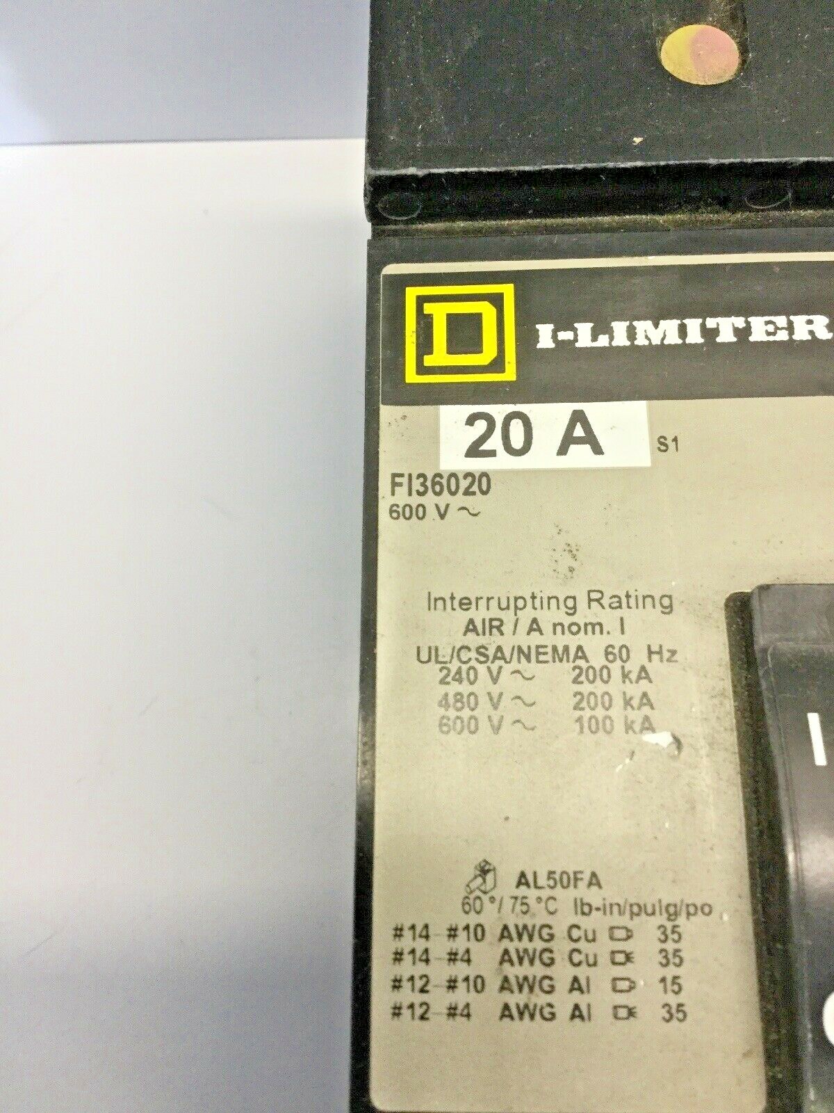 NEW, SQUARE D, FI36020, CURRENT LIMITING CIRCUIT BREAKER, 20A, 3P, 600V. (17F-3)