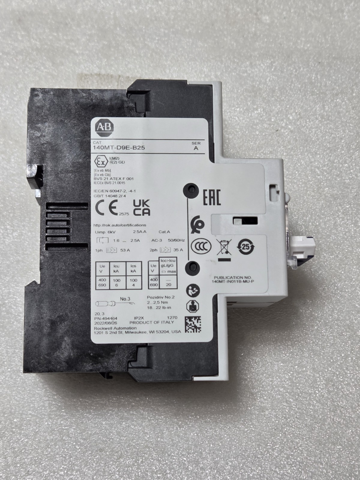 Allen Bradley 140MT-D9E-B25 Series A 1.6–2.5 A Motor Circuit Breaker NOB